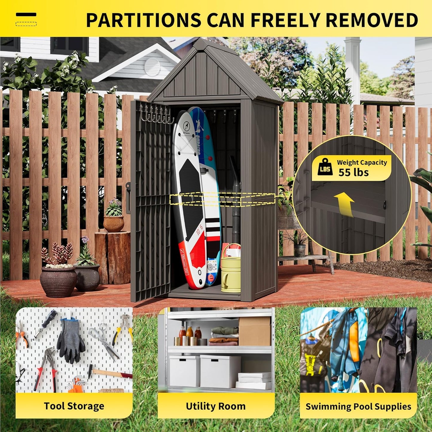 Outdoor Resin Storage Shed, Upgrade Durable Storage Cabinet with Removable Shelves and Lock Ring, Reinforced Floor, All-Weather Construction for Garden Patio Lawn (Gray)