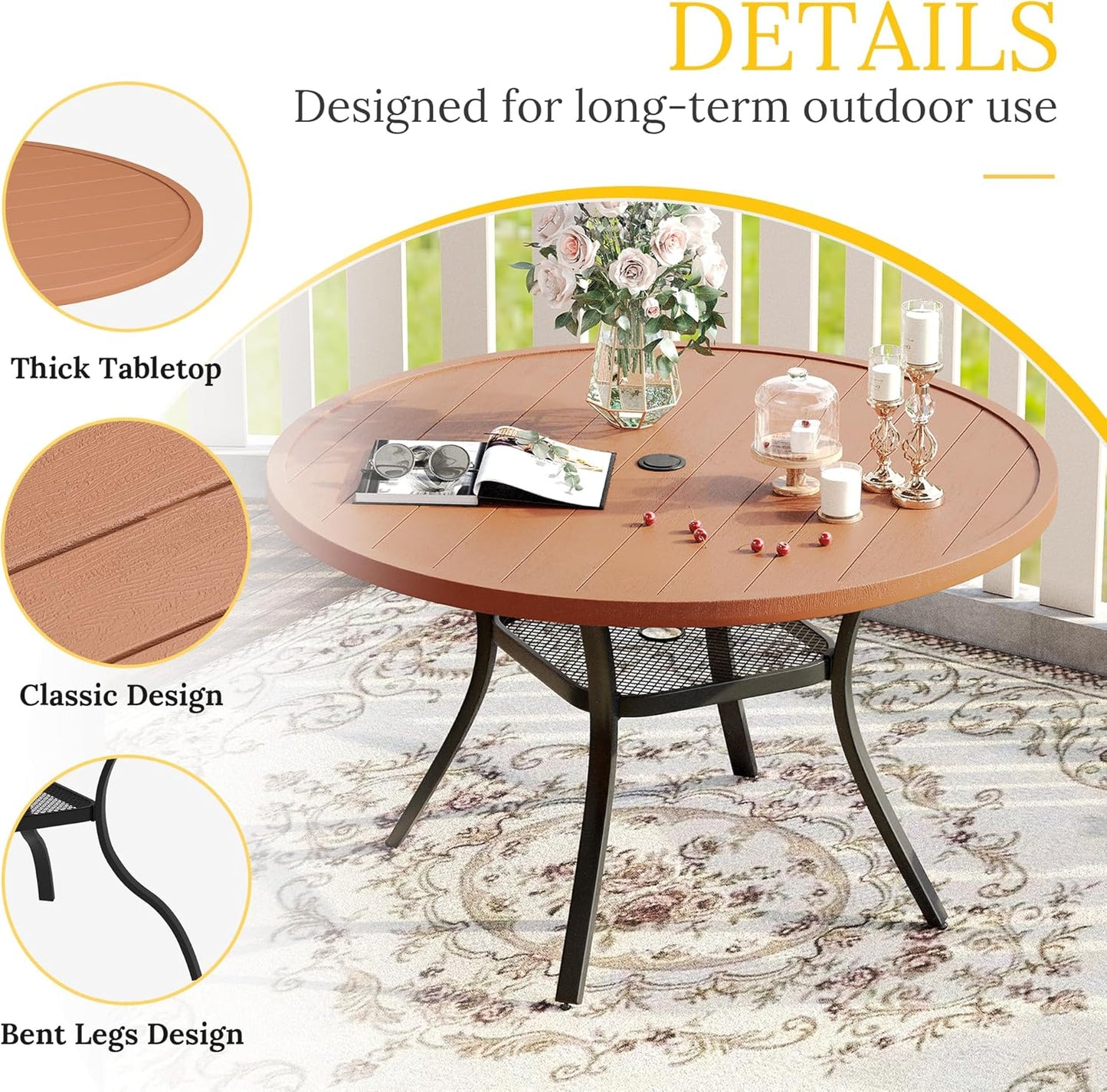 VICLLAX Round Patio Table with Adjustable Umbrella Hole for 4, All Weather Plastic Wood Grain Outdoor Dining Table for Lawn Garden, 41.7" Circle Outdoor Table, Walnut Tabletop