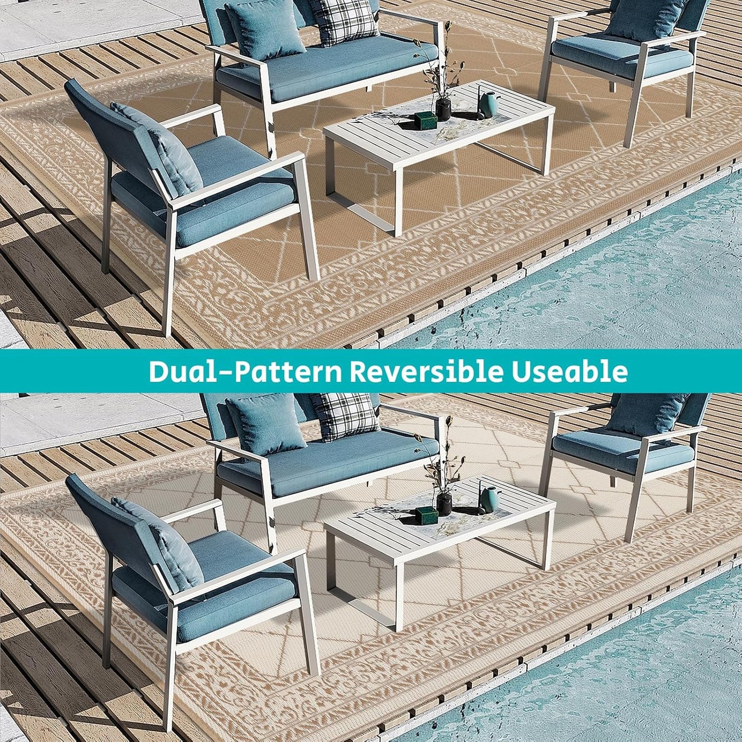 HEBE Outdoor Rug Waterproof 9x12, Reversible Plastic Straw Rug RV Camping Rug, Indoor Outdoor Patio Mat Clearance, Outside Carpet for Porch,Deck,Camper,Balcony,Backyard,Picnic