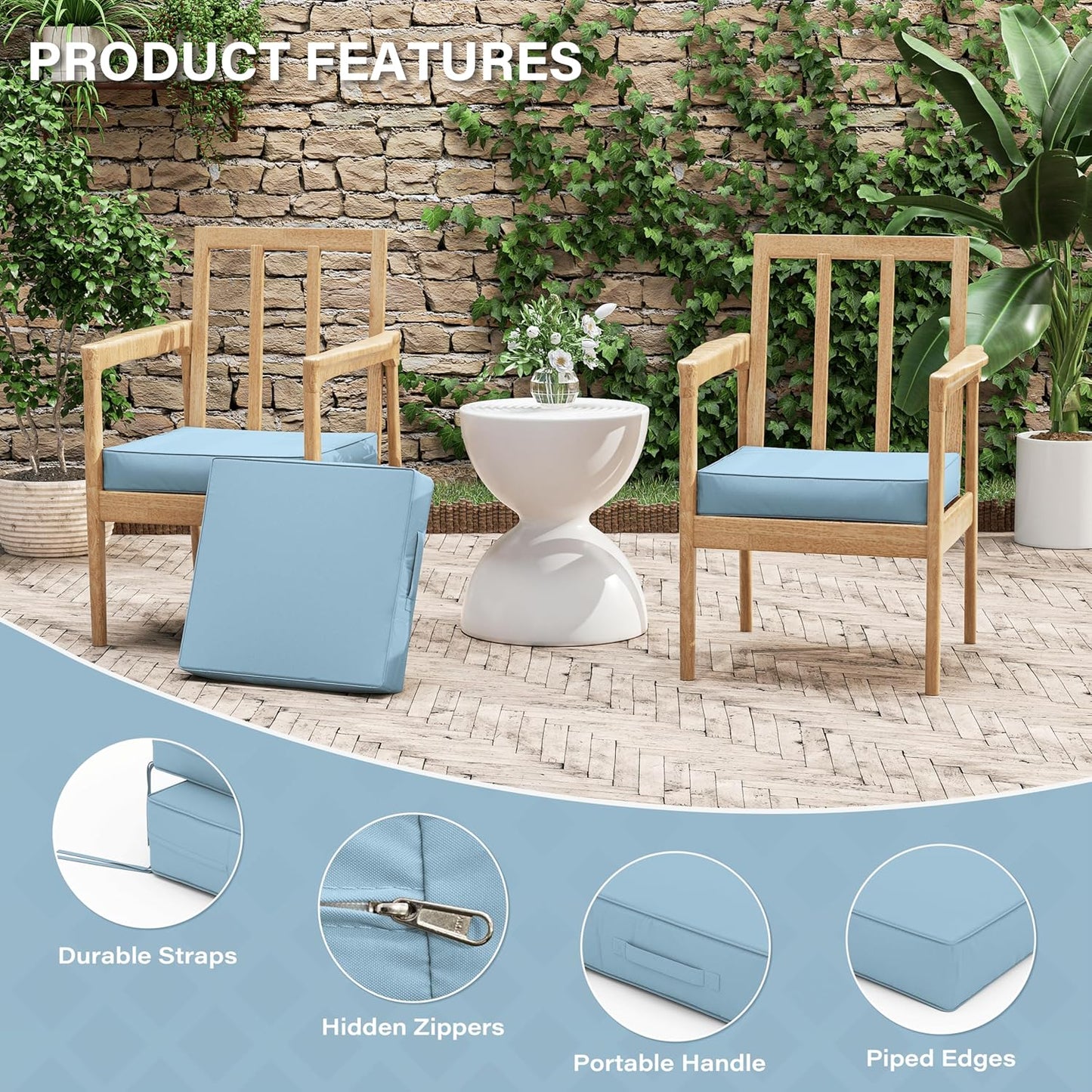 Patio Chair Cushions 17 X 16 X 3 Inch Waterproof Outdoor Seat Cushions for Patio Furniture, Outdoor Sofa Couch Pads with Ties & Handle, Set of 2, Light Blue