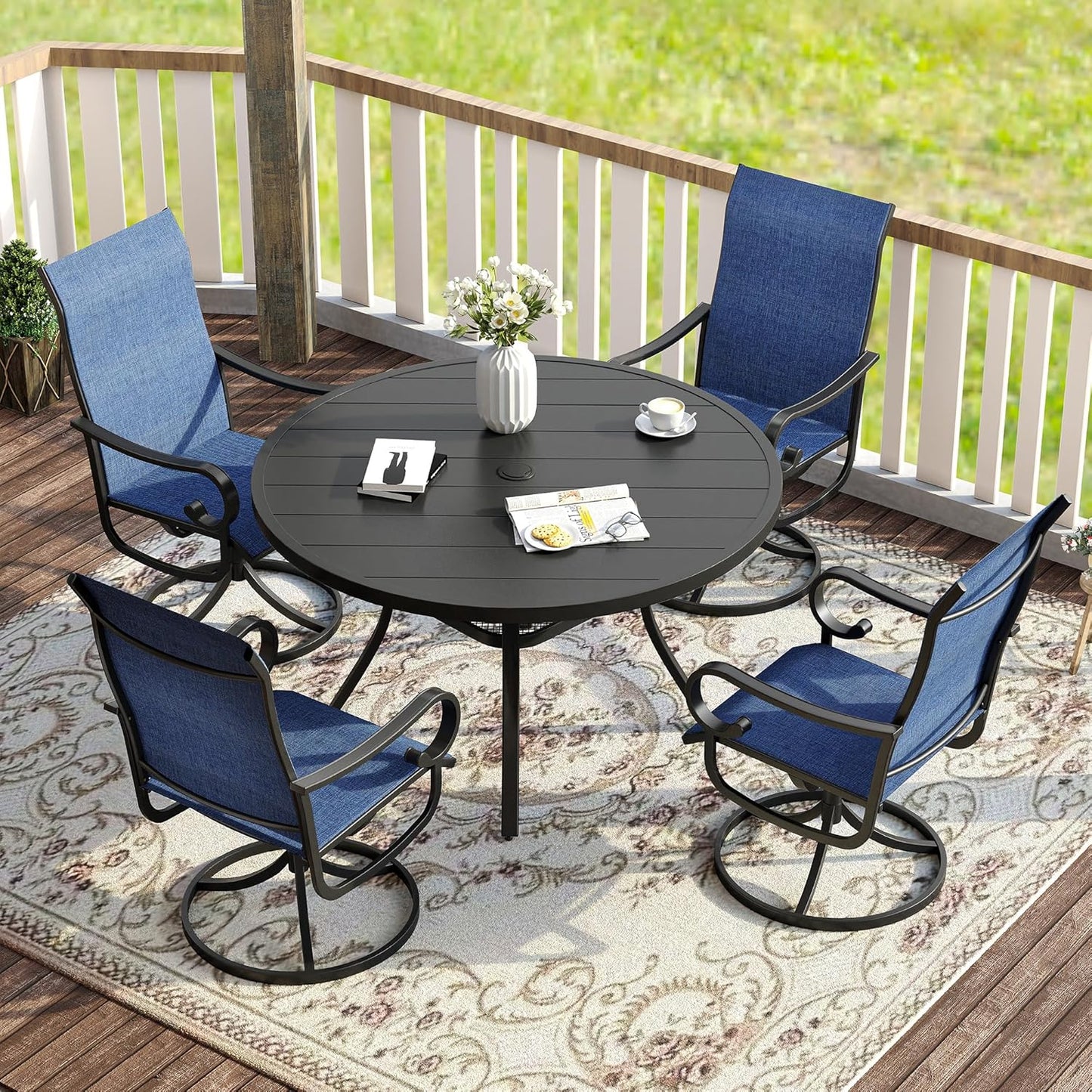 VICLLAX 41.2"x 28" Outdoor Round Patio Table for Lawn Garden, All Weather Metal Round Patio Dining Table with Adjustable Umbrella Hole, Patio Table for 4 Person, Black Tabletop