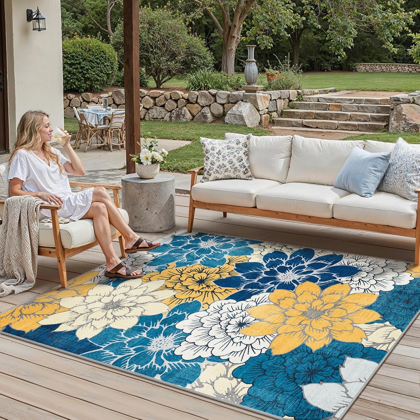GENIMO Indoor Outdoor Area Rug 5' X 7' Waterproof, Washable Patio Rug Non Shedding, Easy Cleaning Floral Outdoor Carpet for Living Room, Bedroom, Dining Room, Balcony, Backyard, Deck, RV, Blue