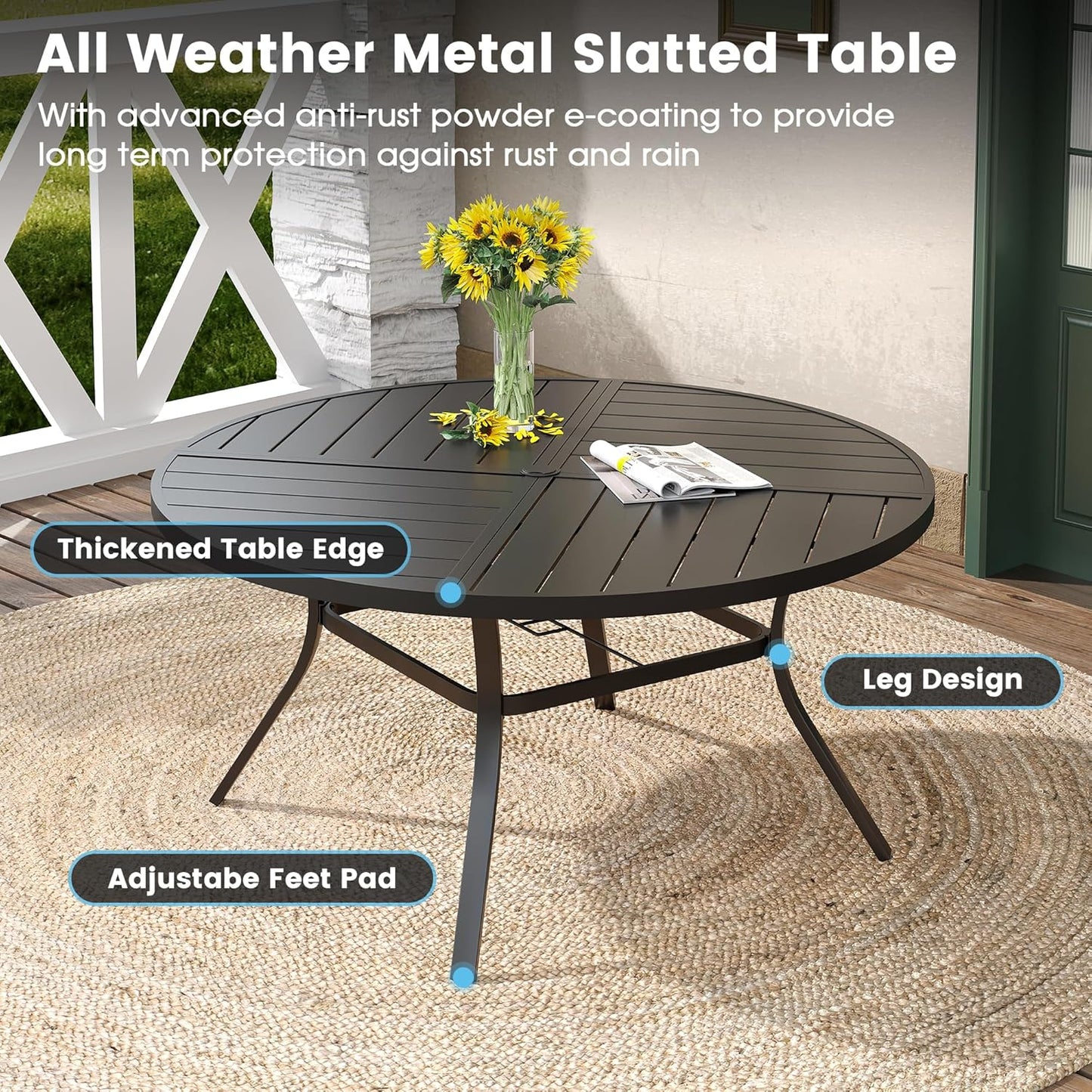 DIFY 53.1" Round Outdoor Patio Dining Table for 6-8, All-Weather Metal Steel Slatted Patio Table with 1.57" Adjustable Umbrella Hole, for Lawn Garden Porch Backyard, Black