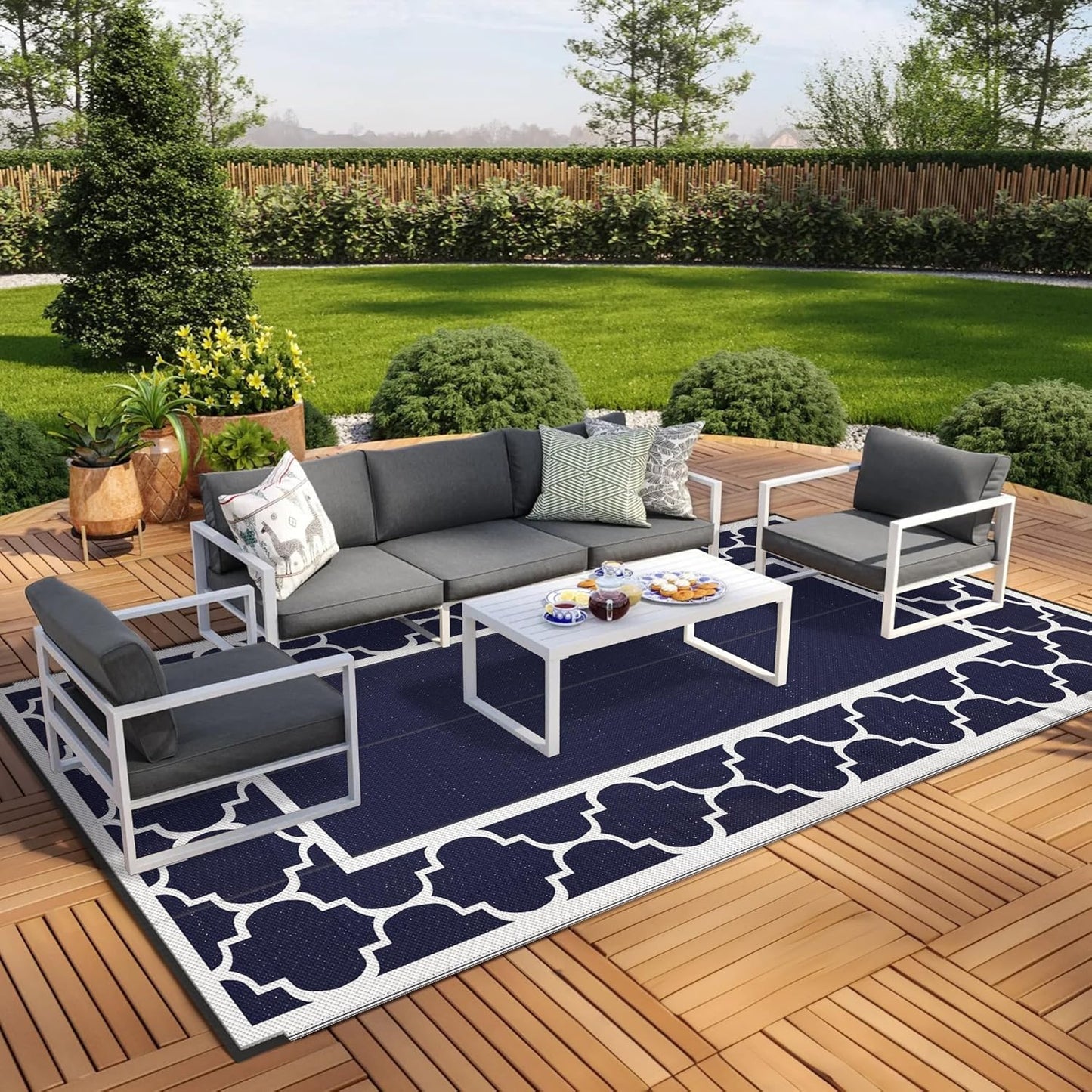 GENIMO 8' x 16' Outdoor Rug Waterproof for Patio, Foldable Reversible Plastic Straw Area Rugs Mat for Rv Decor, Outside Carpet for Camper, Deck, Picnic, Beach, Balcony, Porch, Blue & White