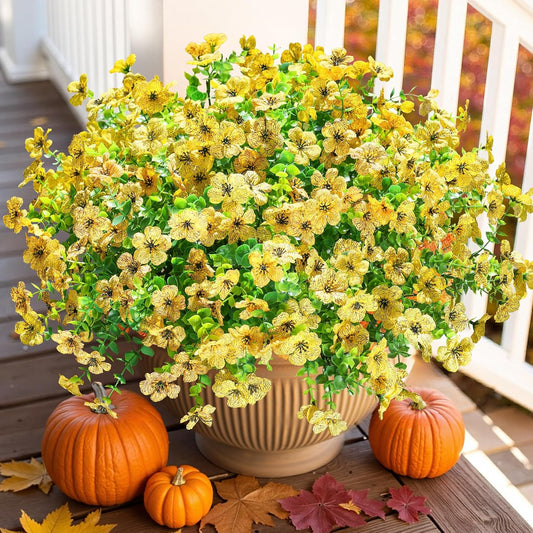 Artificial Fall Flowers Faux Mums for Outdoor Indoor Garden Home Decoration, Faux Flower Daisy with Eucalyptus Leaves Fake Plants Greenery Boxwood Porch Patio, 12 Bundles (Yellow)