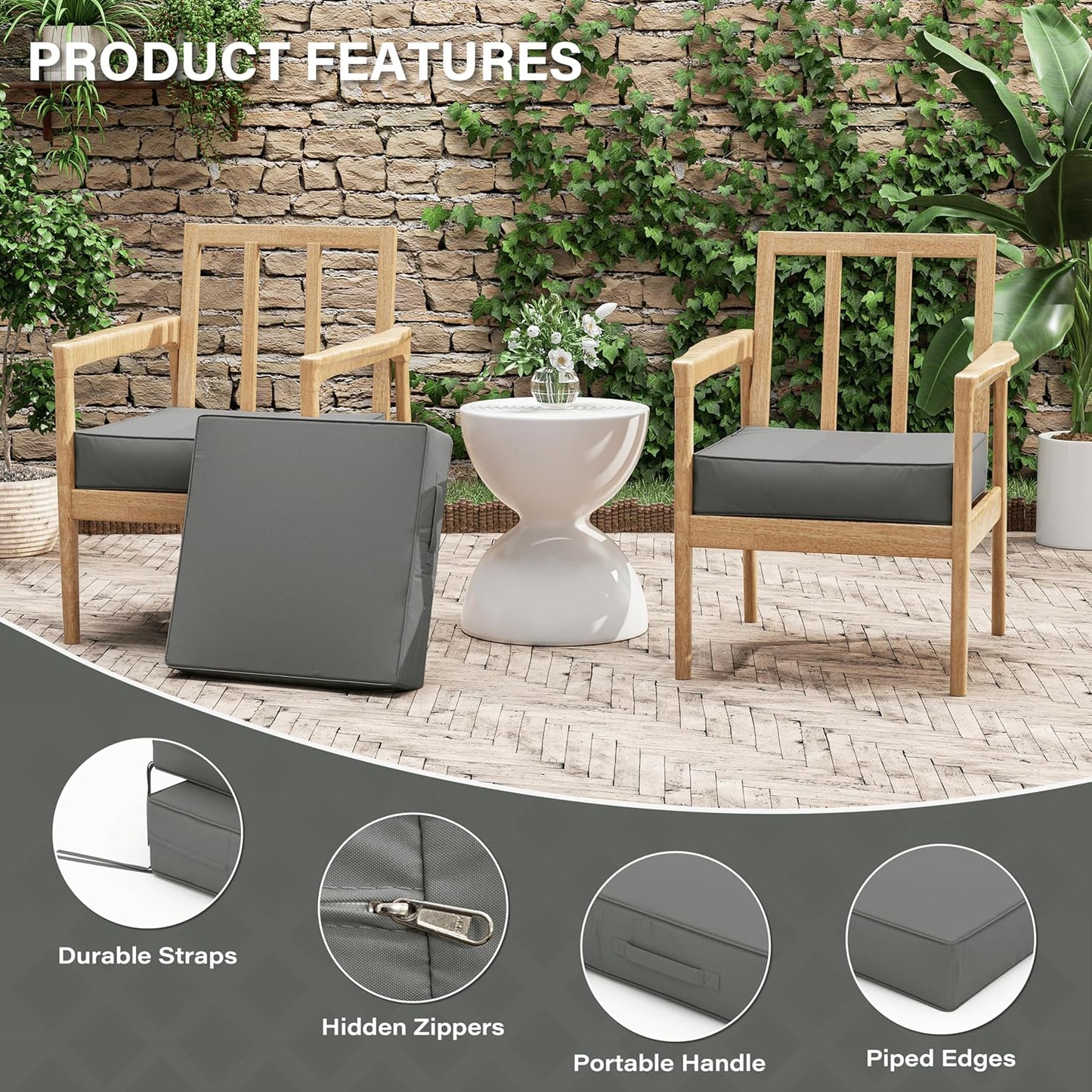 Patio Chair Cushions 19 X 19 X 4 Inch Waterproof Outdoor Seat Cushions for Patio Furniture, Outdoor Sofa Couch Pads with Ties & Handle, Set of 2, Light Grey