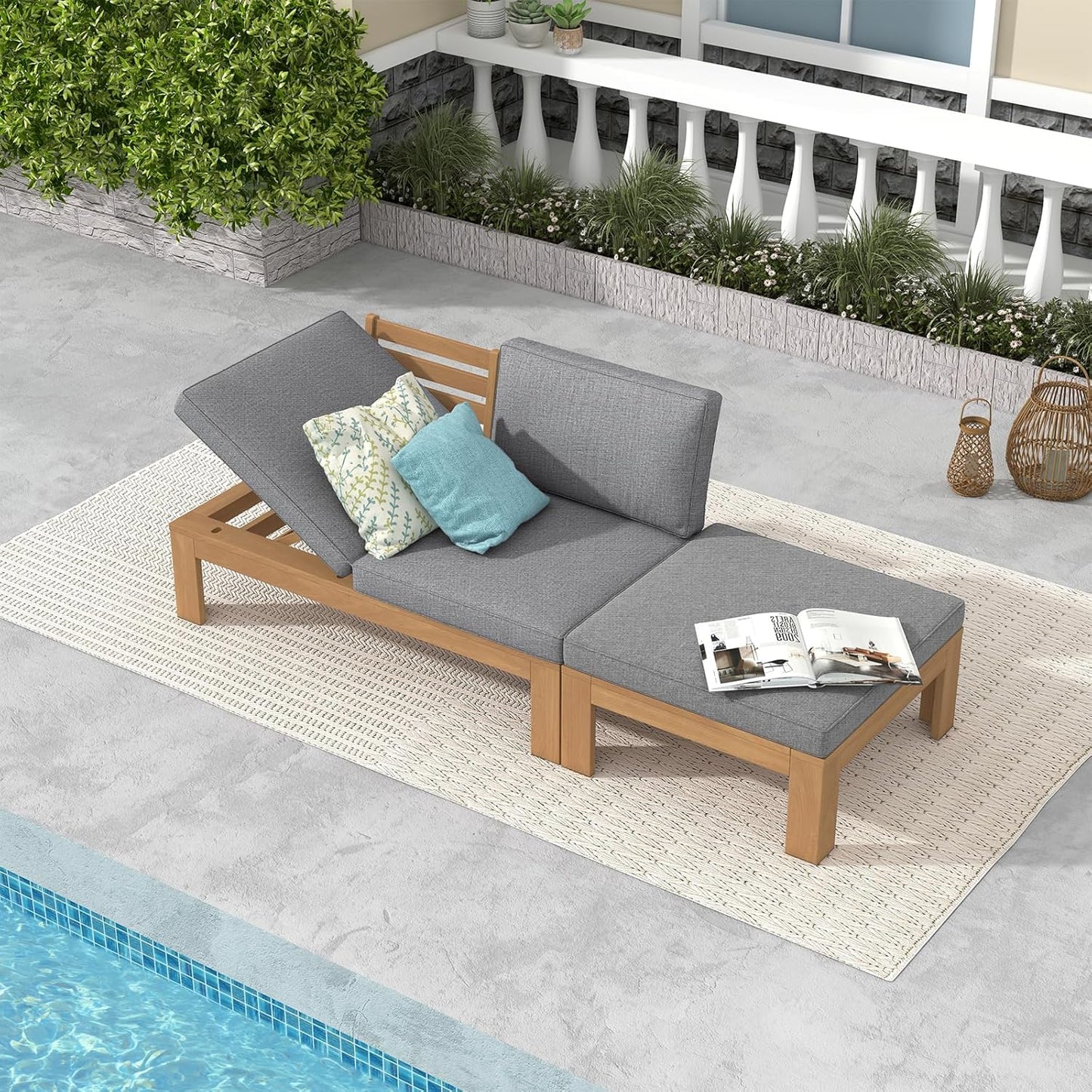 SUNSITT 2 Piece Acacia Wood Patio Furniture Outdoor Loveseat Sofa Set with Adjustable Armrest, FSC Certified L-Shaped Patio Set w/2-in-1 Coffee Table, Grey Cushions for Garden