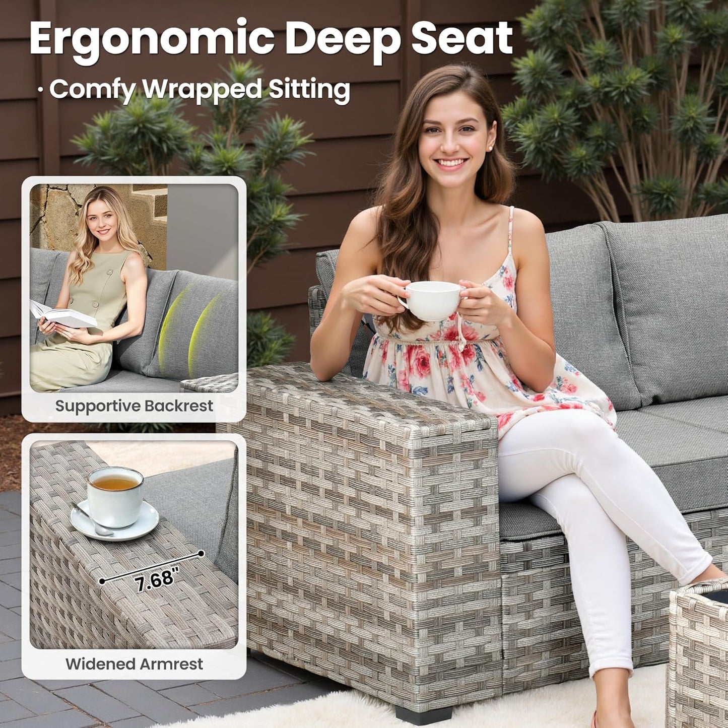 ovios 6 Pieces Patio Furniture Set, Outdoor Wicker Sectional Sofa with Glass Table Comfy Cushions, Modern Modular Deep Seat Couch Rattan Conversation Set, Dark Grey