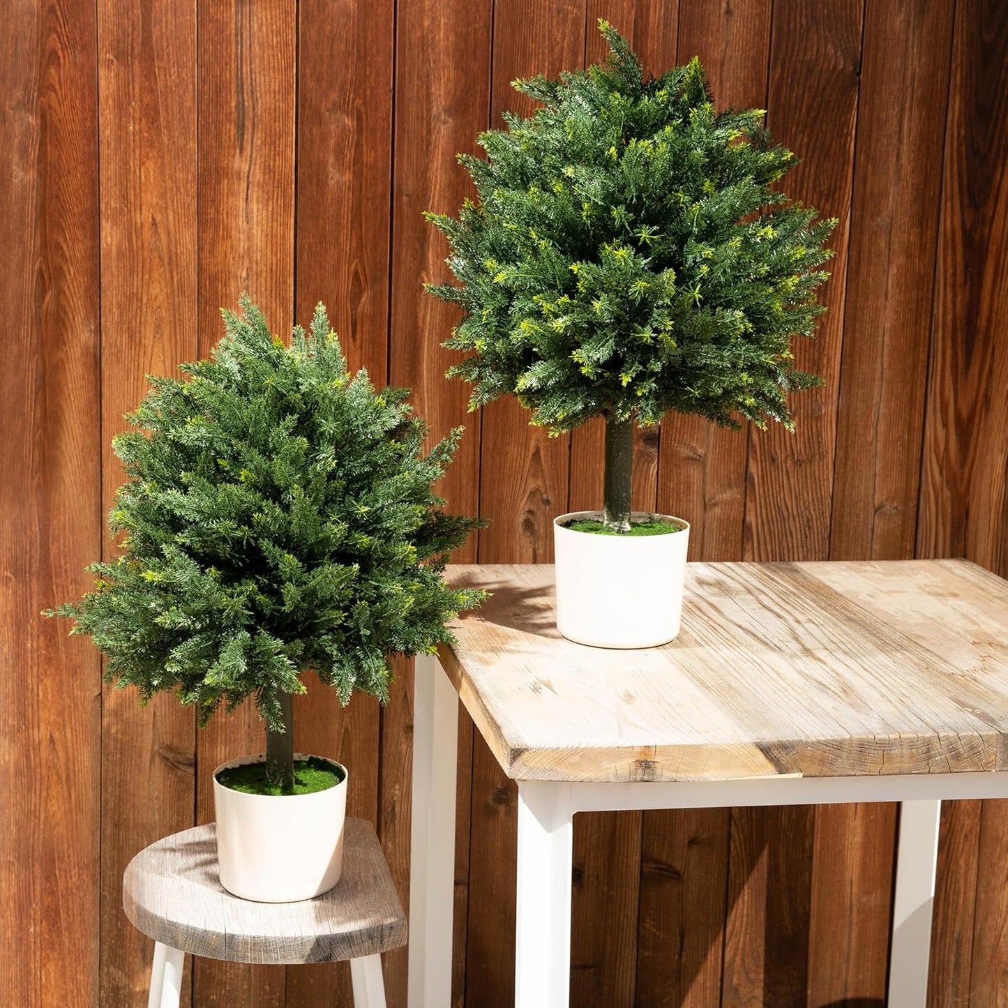 Premium 16" Diameter Artificial Cypress Topiary – Set of 2 Faux Plants in Beige Decorative Planters – UV-Resistant, Weatherproof, Realistic Outdoor & Indoor Greenery