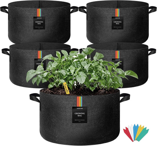 The Growing 5 Pack 25 Gallon Fabric Grow Bags，Thickened Aeration Nonwoven Fabric Plant Pots with Durable Handles,Heavy Duty 300G Planter Pot for Tomato, Fruits, Vegetables and Flowers, Black