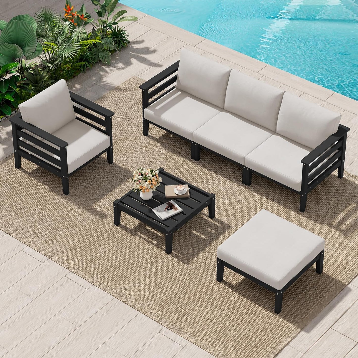 SERWALL HDPE Patio Furniture Set, 6 Pieces Outdoor Sectional Sofa Set, All-Weather Wood-Like Outdoor Sofa Couch with Coffee Table for Deck, Lawn, Black Frame with Khaki Cushion