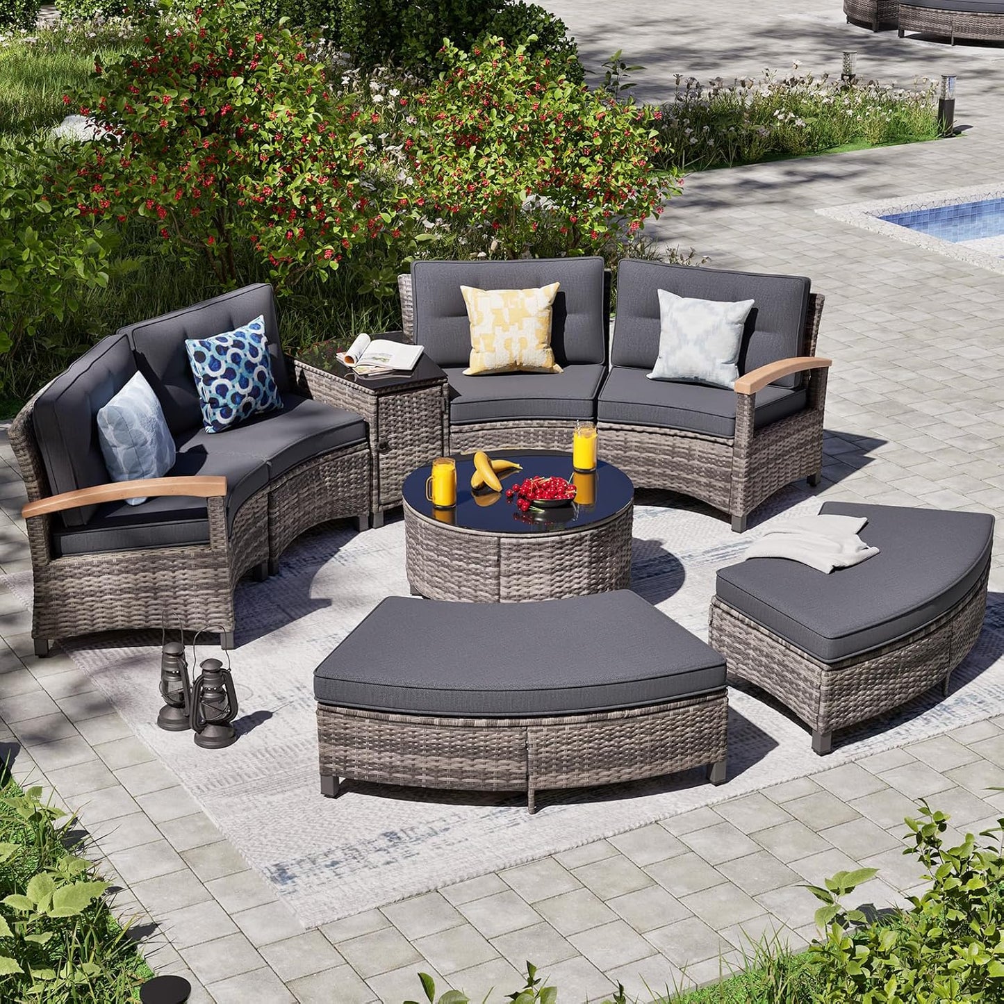 8 Piece Outdoor Patio Furniture Set, Half-Moon Curved Sectional Set with Wood Armrests, Patio Conversation Set, 2 Half-Moon Ottomans，Coffee & Side Tables (Grey)