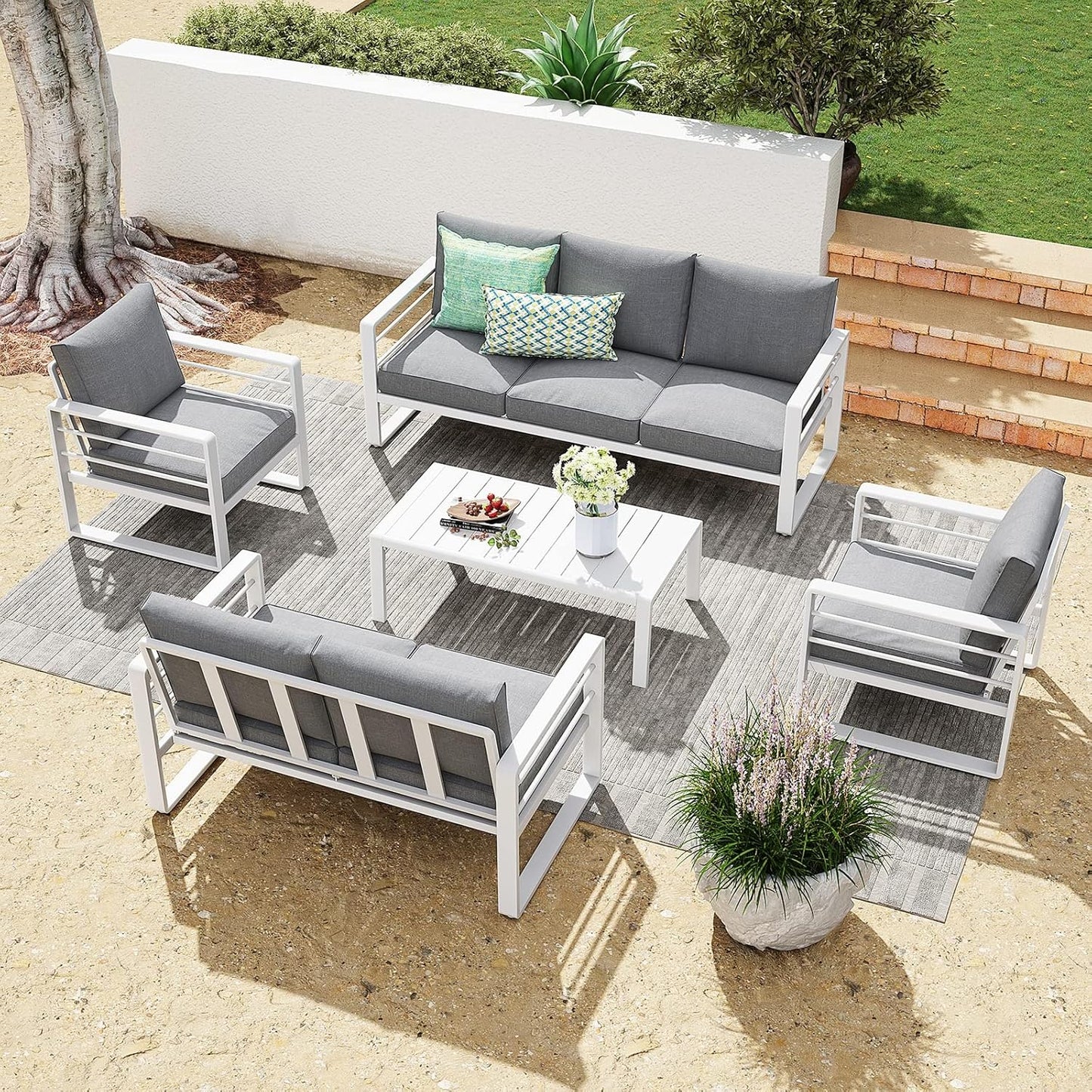 Patiorama Aluminum Patio Furniture Set, Outdoor Patio Loveseat, 2 Seat Sofa Couch, All Weather White Metal Chair with Olefin Cushion, Deep Seating, 600 lbs Capacity, Deck, Garden-Grey Cushion