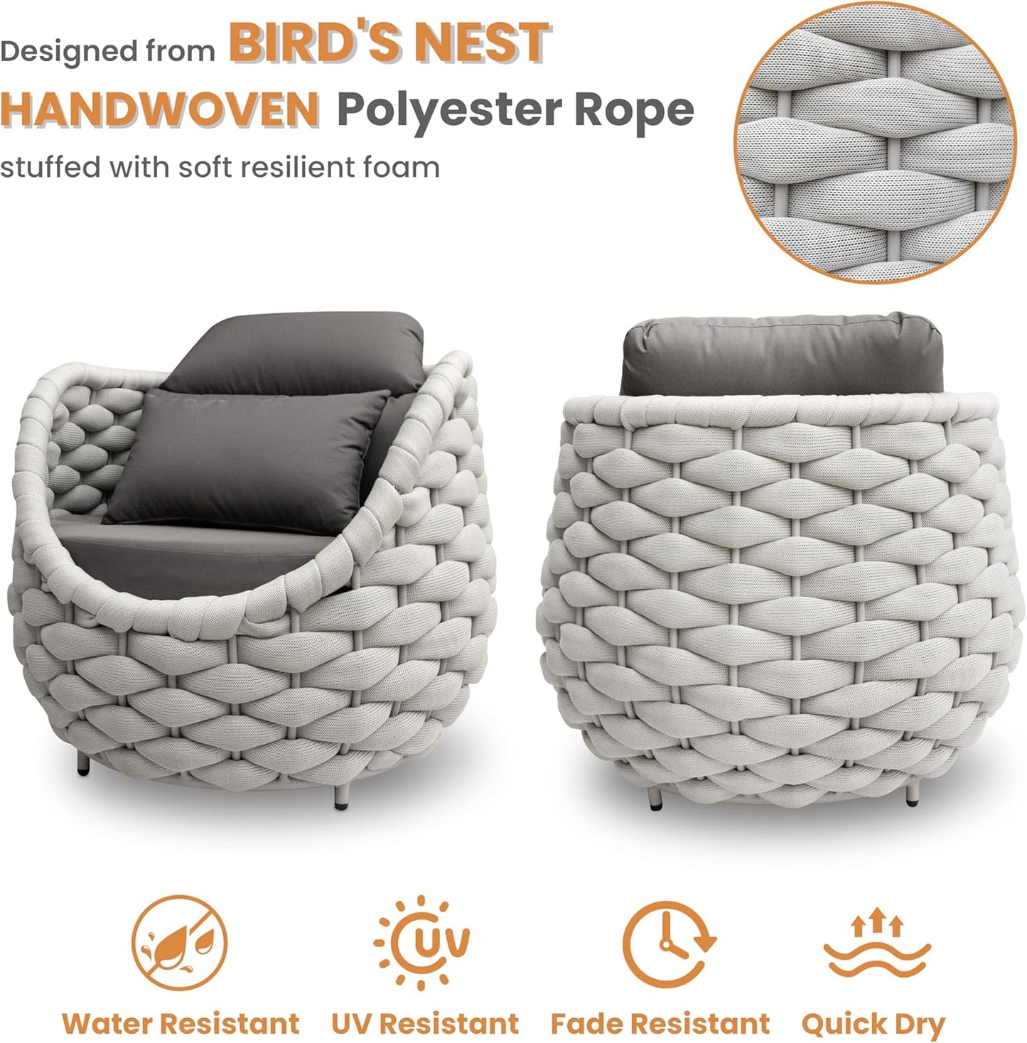 Balcony Furniture Set for Apartments: 4 Pieces Aluminum Woven Rope Patio Conversation Set - Modern Cushioned Lounge Chair Set - Assembled Porch Armchair for 400lbs Garden Lanai Poolsides Hotel