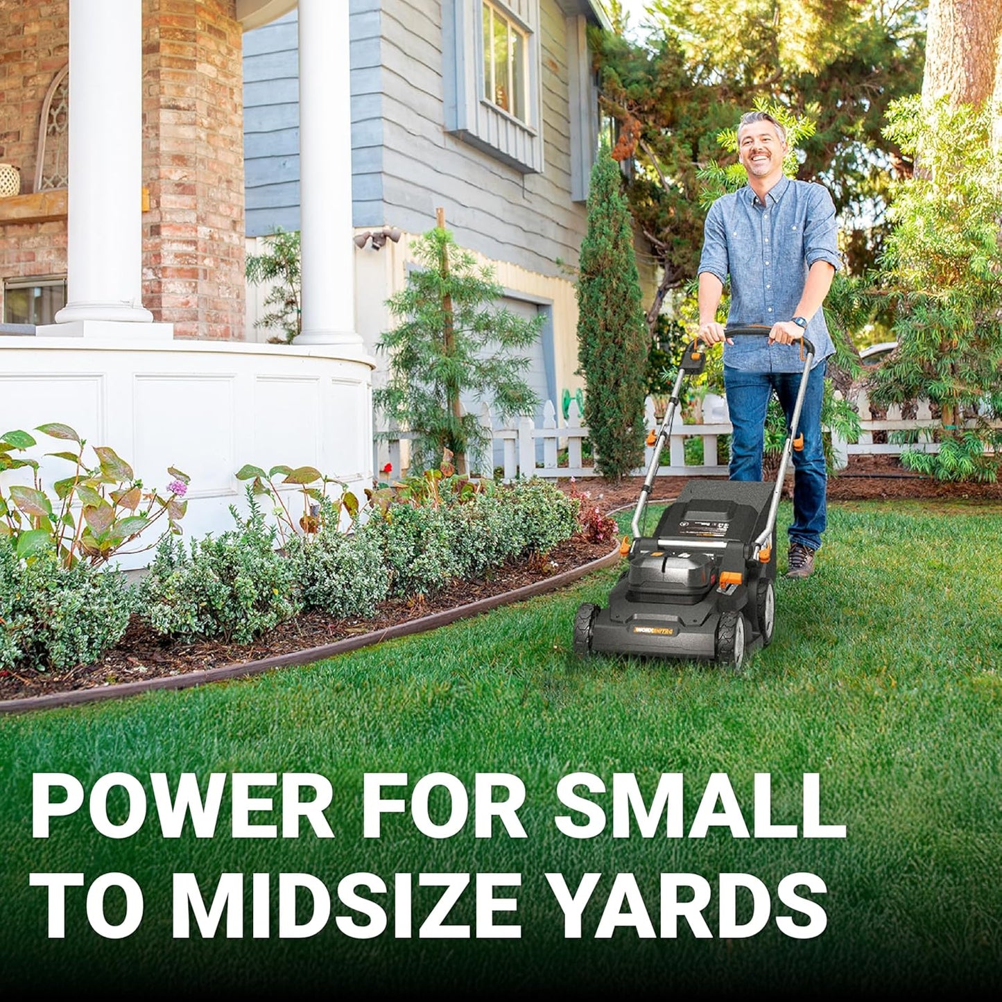 WORX 40V 17'' Cordless Lawn Mower for Medium Size Yards, 2-in-1 Electric Mower Cuts to Edge, Compact & Lightweight Push Lawn Mower with 6-Position Height Adjustment – 2 Batteries & Charger Included