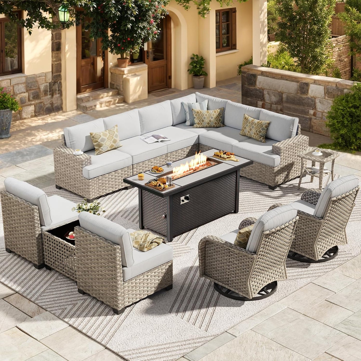 HOOOWOOO Outdoor Sectional Patio Furniture Set with Fire Pit Table,13 Pieces Wicker Conversation Sets L Shaped Couch,Extra Deep Out Door Sofa Outside Furniture with Swivel Chairs,Light Gray