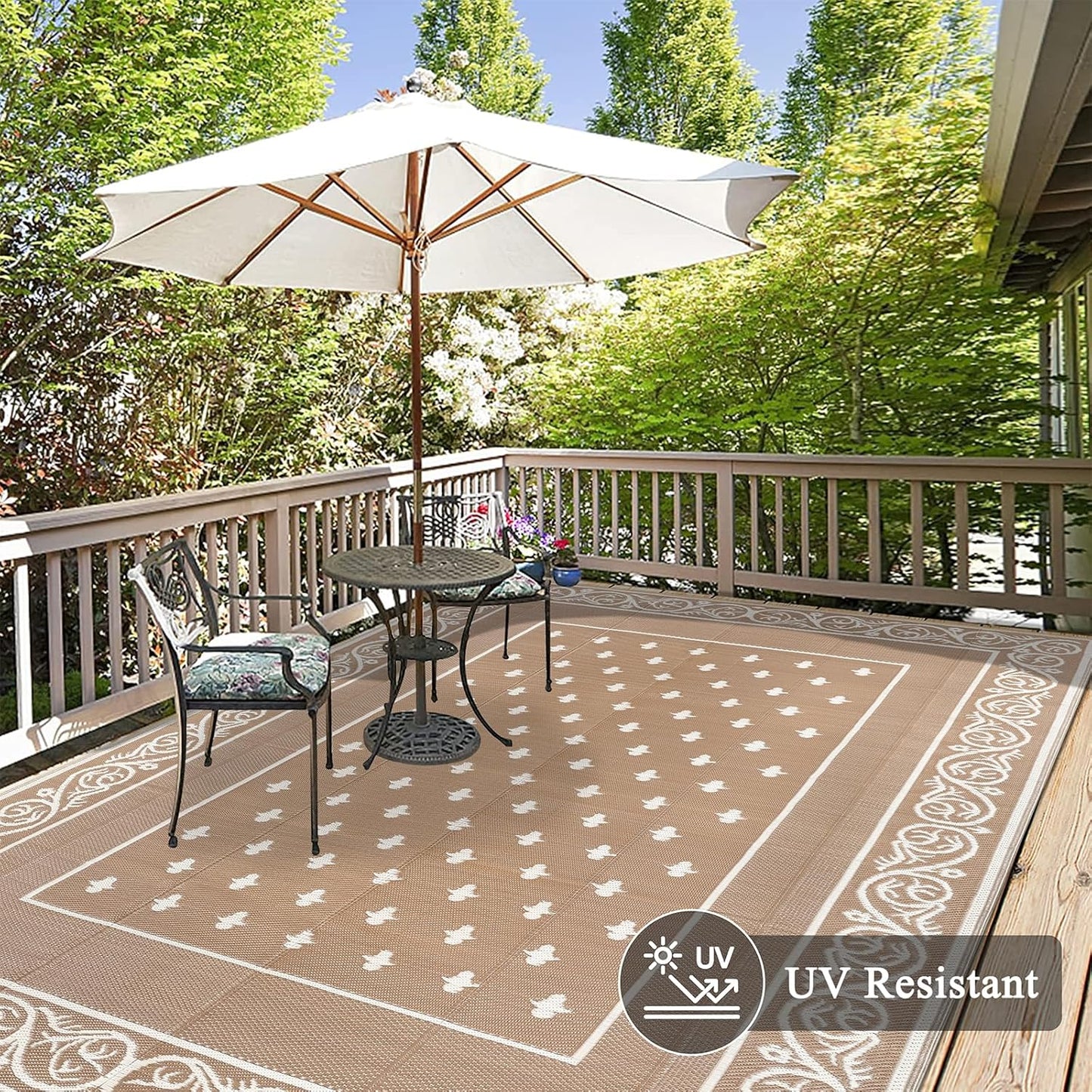 Pauwer Waterproof Outdoor Rug 8x10, Reversible Plastic Straw Patio Camping Rug, Indoor Outdoor RV Mat Carpet for Deck, Camper, Porch, Balcony, Backyard, Picnic, Bordered Beige