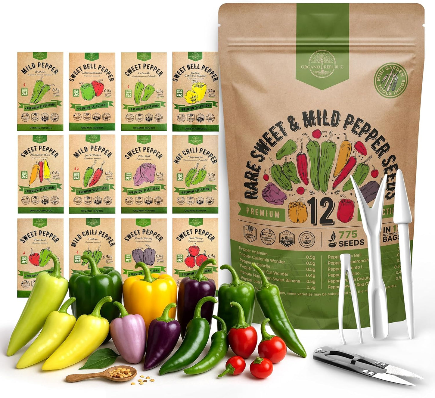 Organo Republic 12 Rare Sweet & Mild Pepper Seeds Variety Pack - 770+ Non-GMO Heirloom Pepper Seeds for Outdoor and Indoor Home Gardening, Including Pepper Anaheim, Pepperonchini, Pimento, Lilac Bell
