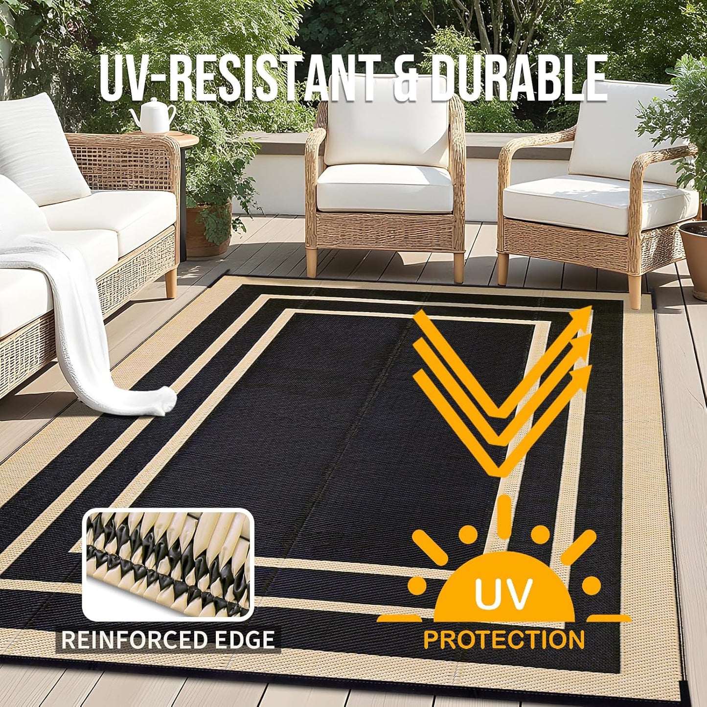 OLANLY Outdoor Rug 6x9 ft Waterproof, Reversible Outdoor Plastic Straw Rug, RV Mat, Indoor Outdoor Carpet Clearance for Patio, Camping, Balcony, Deck, Backyard, Black & Beige