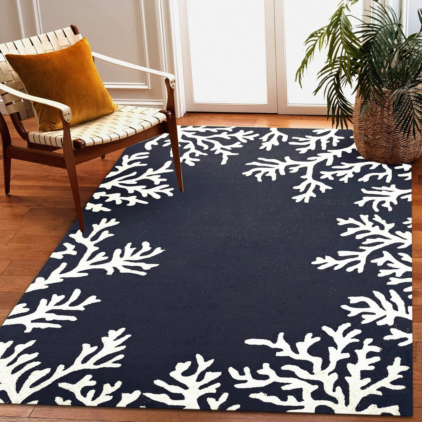 Liora Manne Capri Coastal Coral Border Navy Indoor/Outdoor Rug, 3'6" x 5'6'