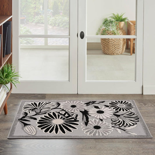 Nourison Home Aloha Indoor/Outdoor Black White 2'8" x 4' Area Rug, Easy Cleaning, Non Shedding, Bed Room, Living Room, Dining Room, Backyard, Deck, Patio (3x4)