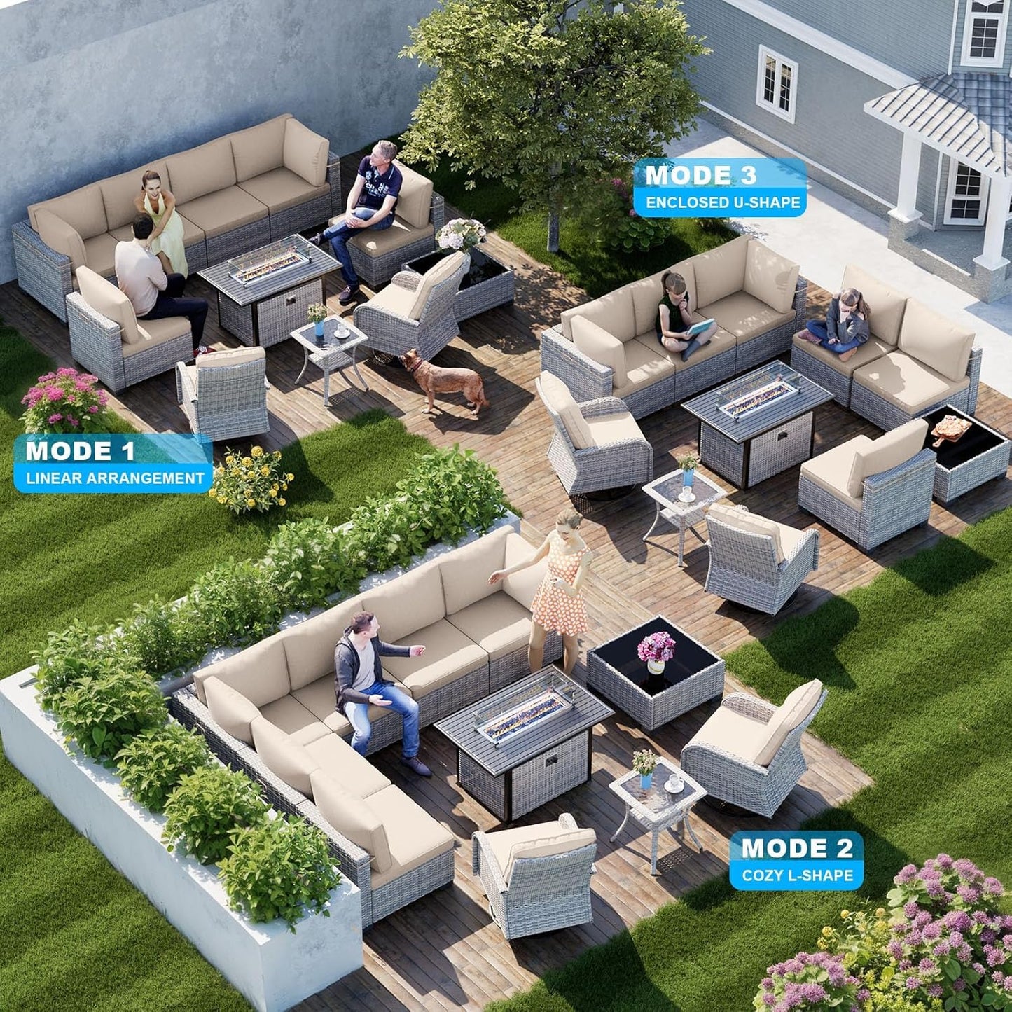 11-Piece Patio Furniture Set, Outdoor Patio Furniture with 55,000 BTU Fire Pit Table, Swivel Chairs Set, Thick Cushions, Modular Patio Sofa, Dual-Strand Wicker Rattan, Rust-Resistant Frame, Sand