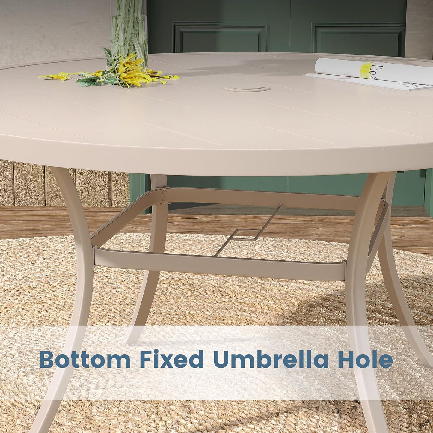 DIFY 53" Round Outdoor Patio Dining Table for 8, Metal Patio Table with 1.57" Adjustable Umbrella Hole, All-Weather Dining Furniture Table for Backyard Lawn Garden, Cream