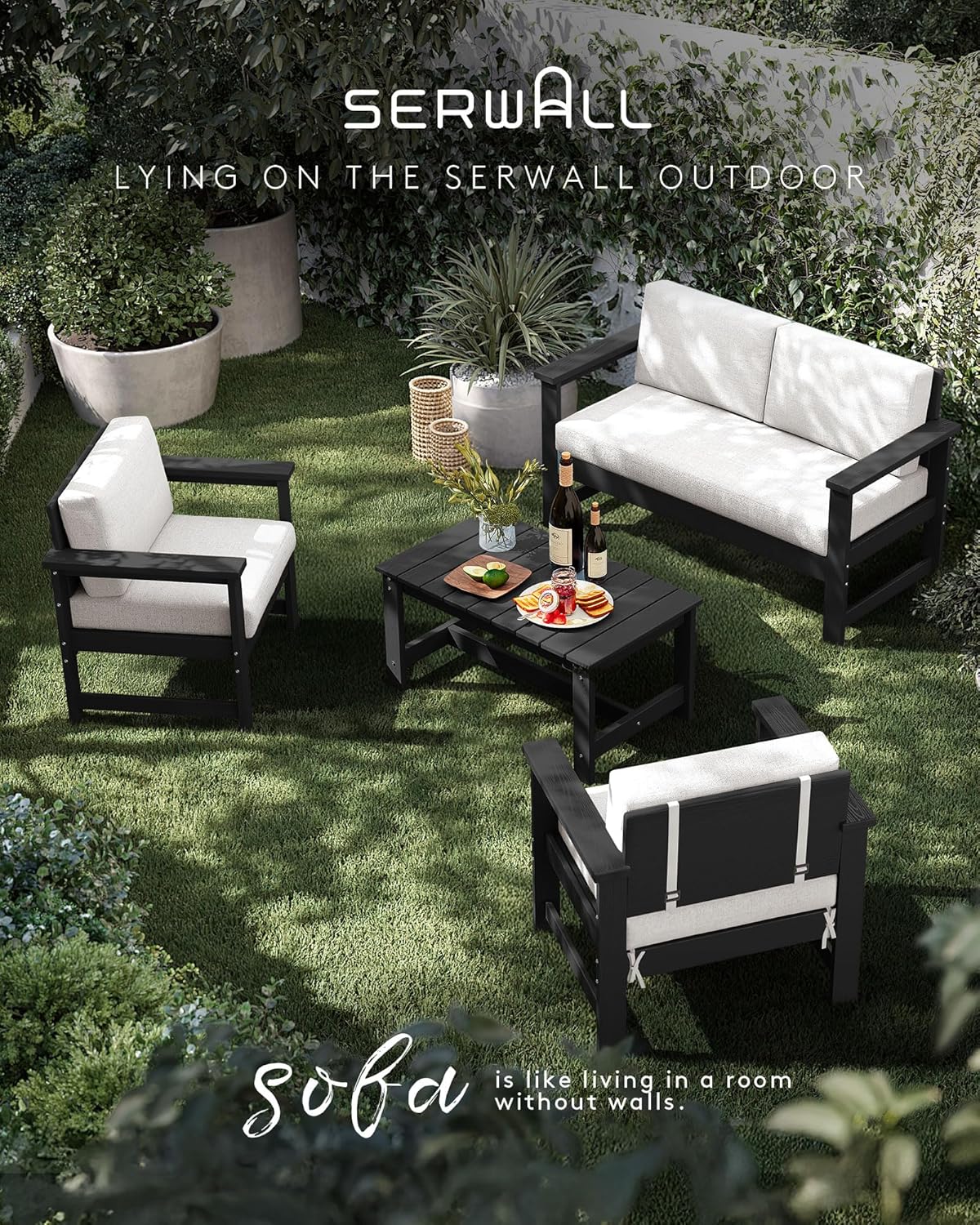 SERWALL Black HDPE Outdoor Loveseat with Khaki Cushions, All Weather Use Outdoor Loveseat Sofa, Black Frame with Khaki Cushions