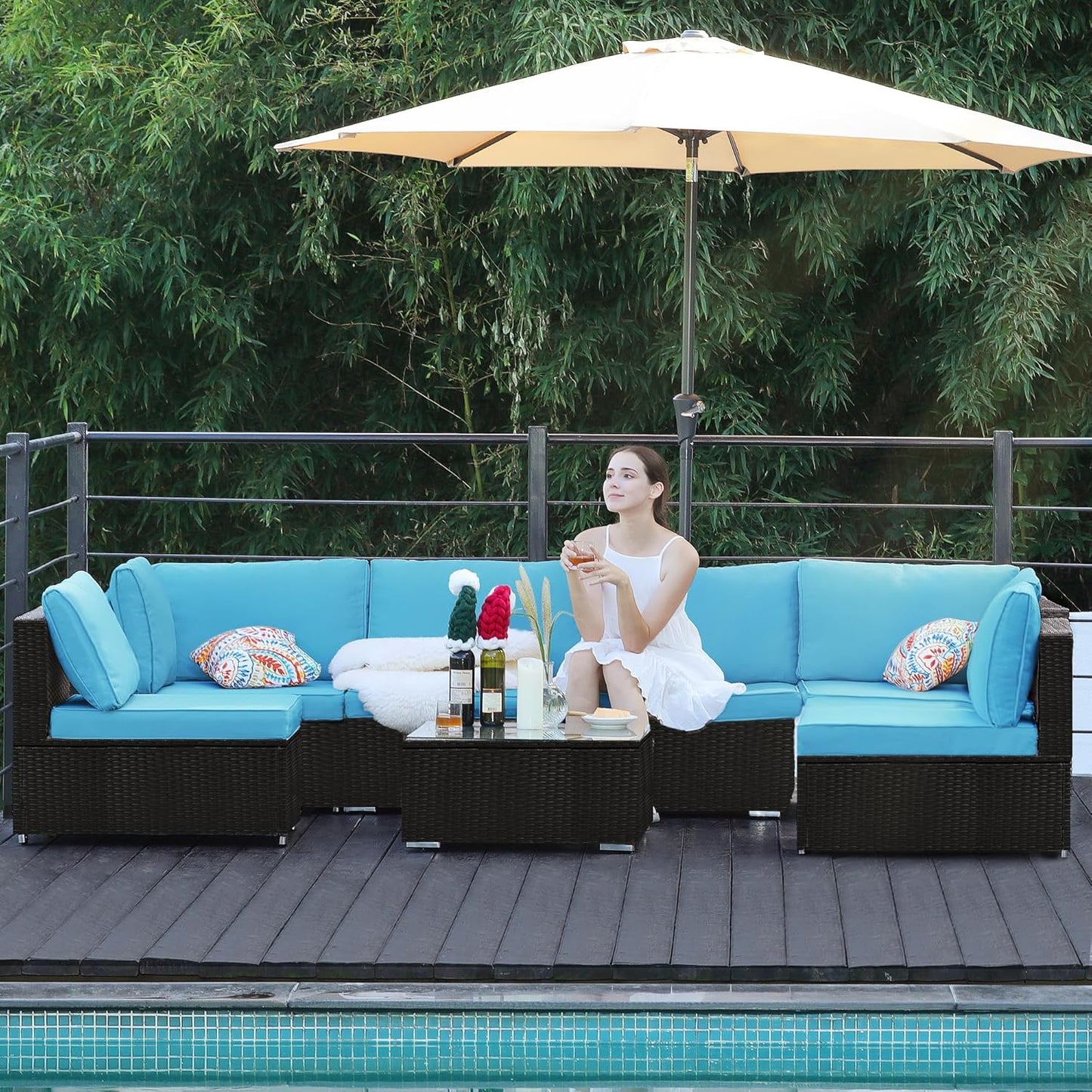 7-Piece Patio Furniture Set - Outdoor Sectional Sofa Set with Cushions and Glass-Top Coffee Table for Gardens, Poolside, Backyards and Porches, Black/Blue