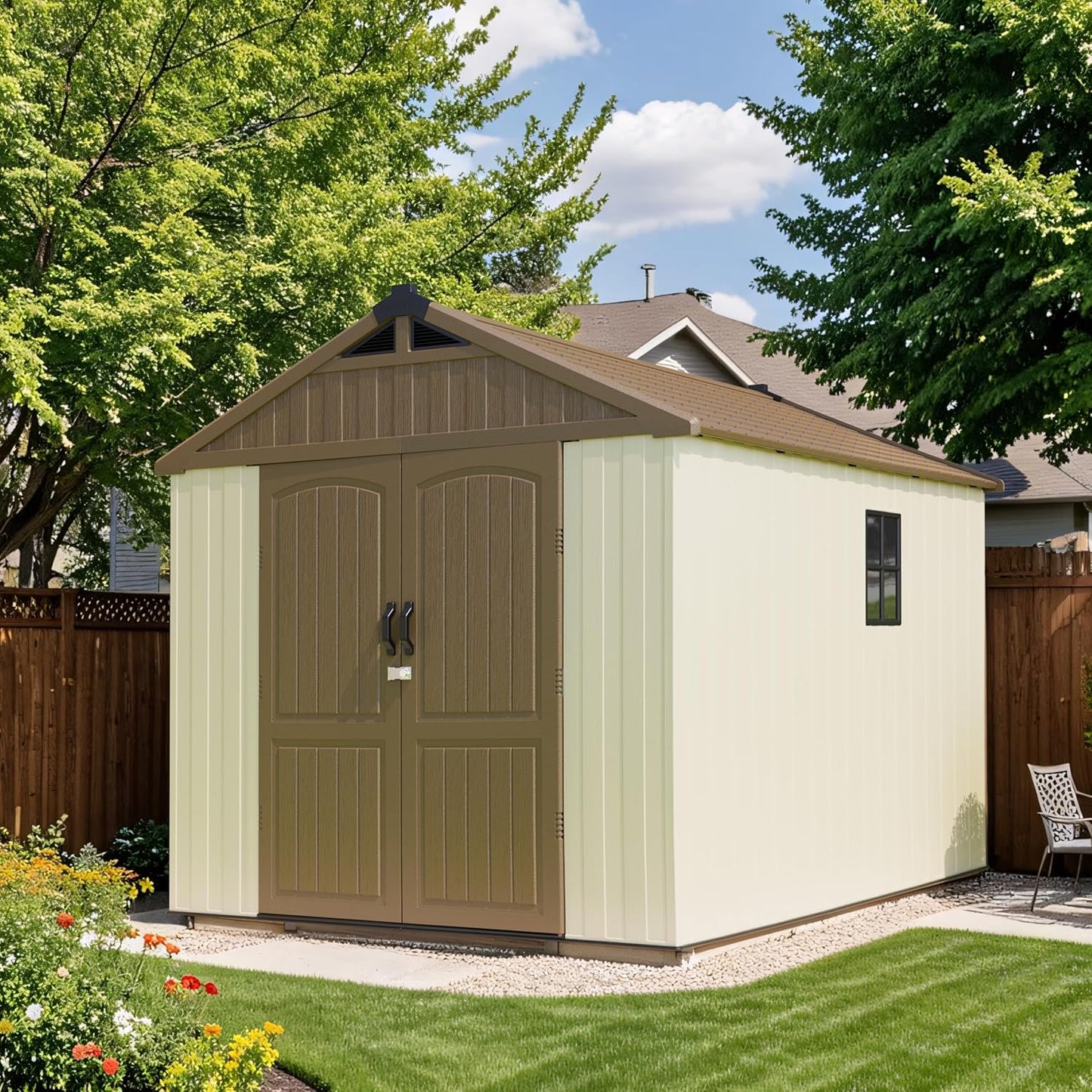 Patiowell 8 x 10 FT Resin Outdoor Storage Shed with Floor, Plastic Shed with Window and Lockable Door for Garden, Backyard, Tool Storage Use, Easy to Install in Brown (Kick-it Shed)