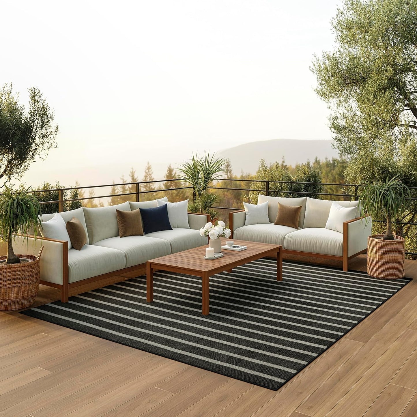 Nourison Home Positano Indoor/Outdoor Black Ivory 6' x 9' Area Rug, Easy Clean, Non Shedding, Bed Room, Living Room, Dining Room, Deck, Backyard, Patio (6x9)