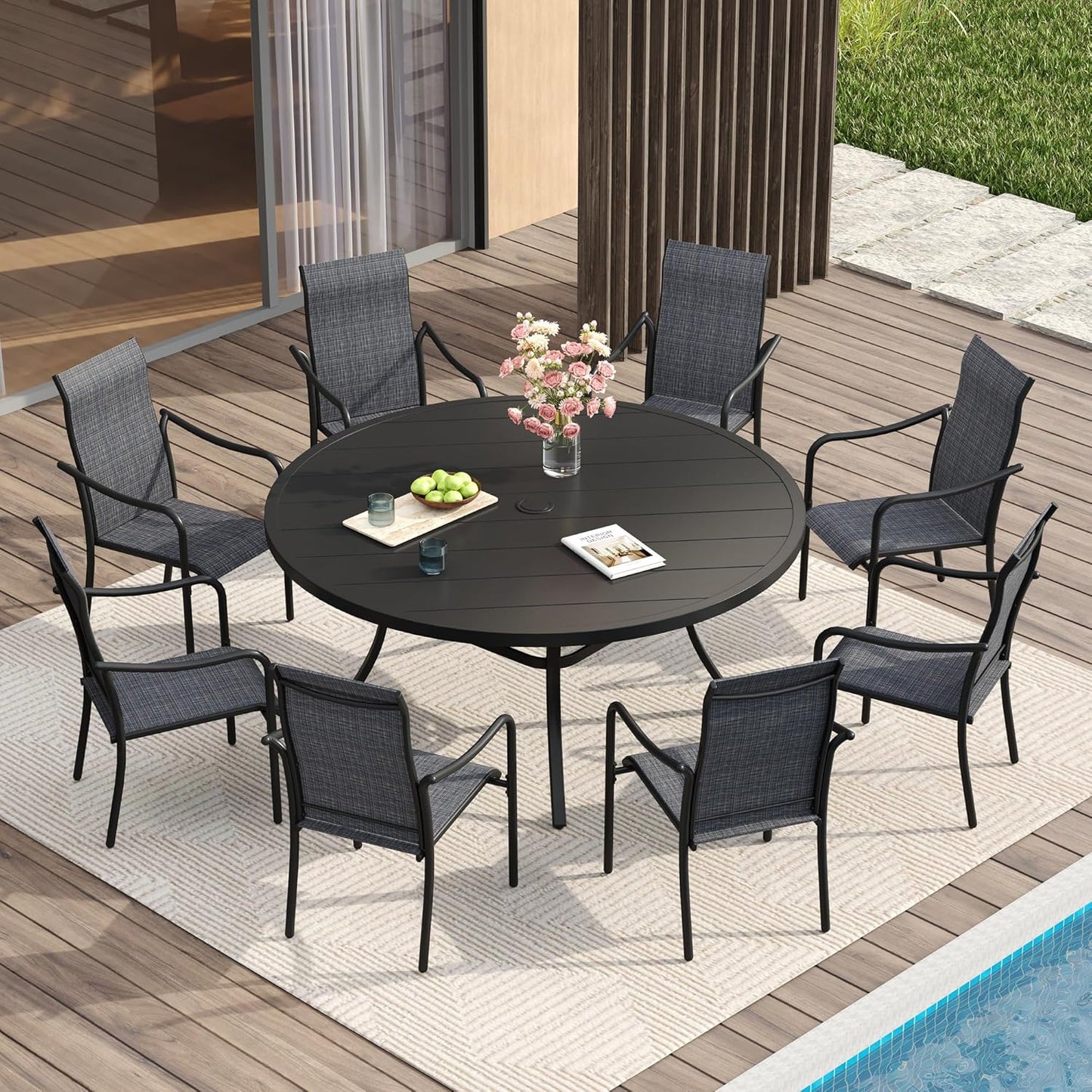 VICLLAX 53" Outdoor Round Patio Table for Lawn Garden, All Weather Metal Round Patio Dining Table with Adjustable Umbrella Hole, Patio Table for 8 Person, Black Tabletop