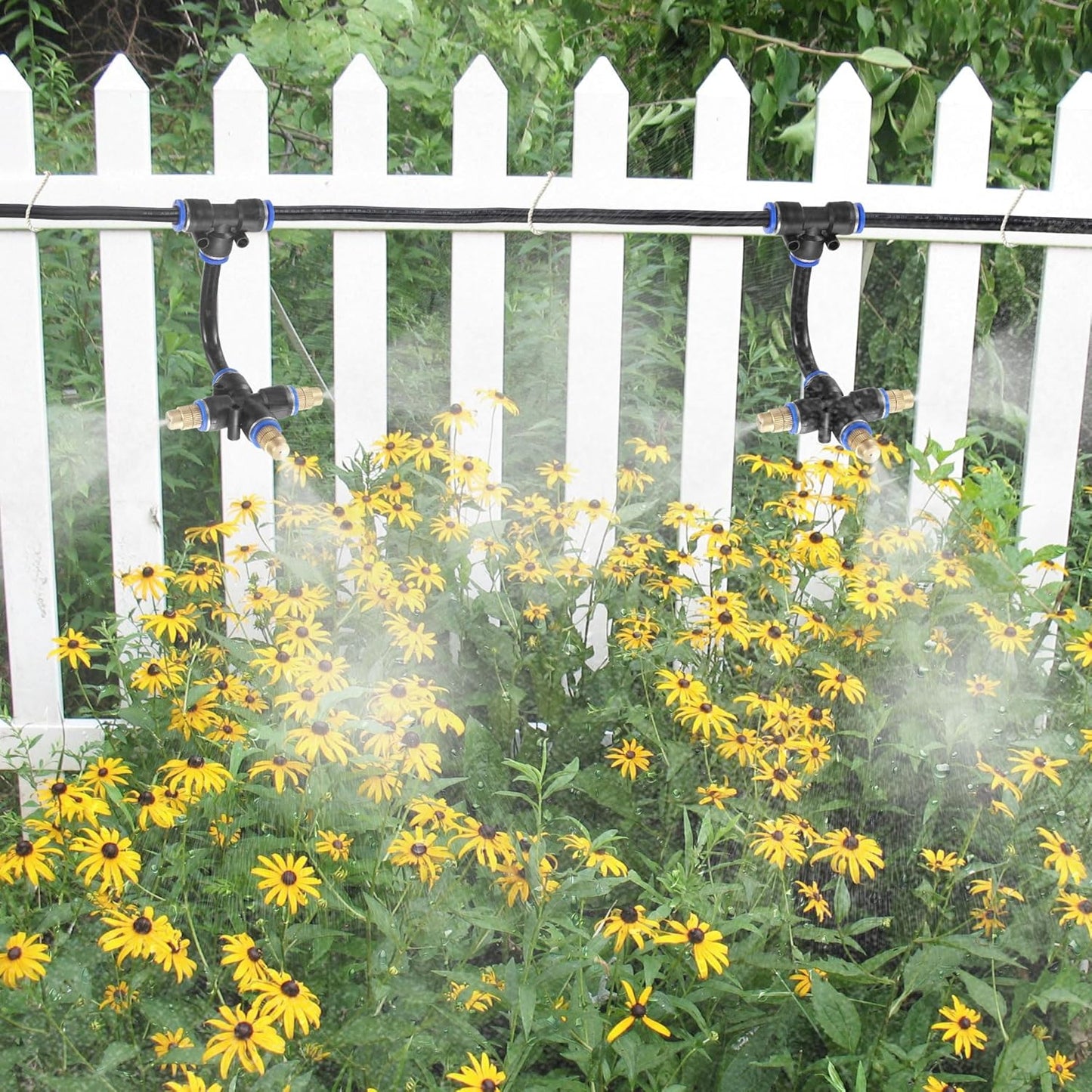 Mornajina 3Packs 3 Way Brass Misting Nozzles Tee with 5inch Built in Hose for Outdoor Cooling System, Adjustable 360° Rotation, Water Mister Nozzles Thread Sprayer 0.043" (1.1 mm)