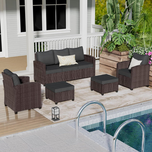 Outdoor Patio Sectional Sofa Set, 7-Piece Rattan Furniture, Patio Conversation Sets with 2 Ottomans Cushions, Seats 5, Dark Grey
