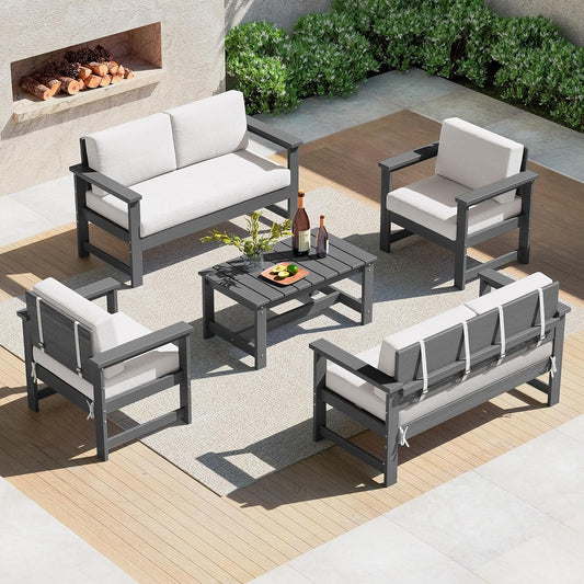 SERWALL 5 Pieces HDPE Outdoor Sofa Set with Cushions, All Weather Use Patio Conversation Couch Loveseat Furniture with Coffee Table for Balcony, Deck, Poolside, Grey Frame with Khaki Cushions