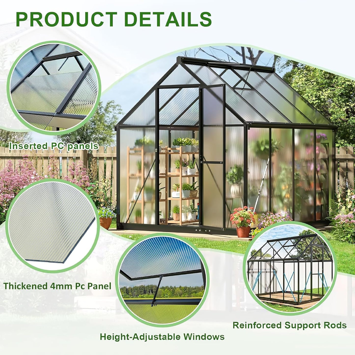 Polar Aurora 6x8 FT Greenhouse, Quick Aluminum Assembly Structure Polycarbonate Greenhouse, Walk-in Greenhouses for Outdoors with Ventilated Windows, Green Houses for Outside Backyard Garden