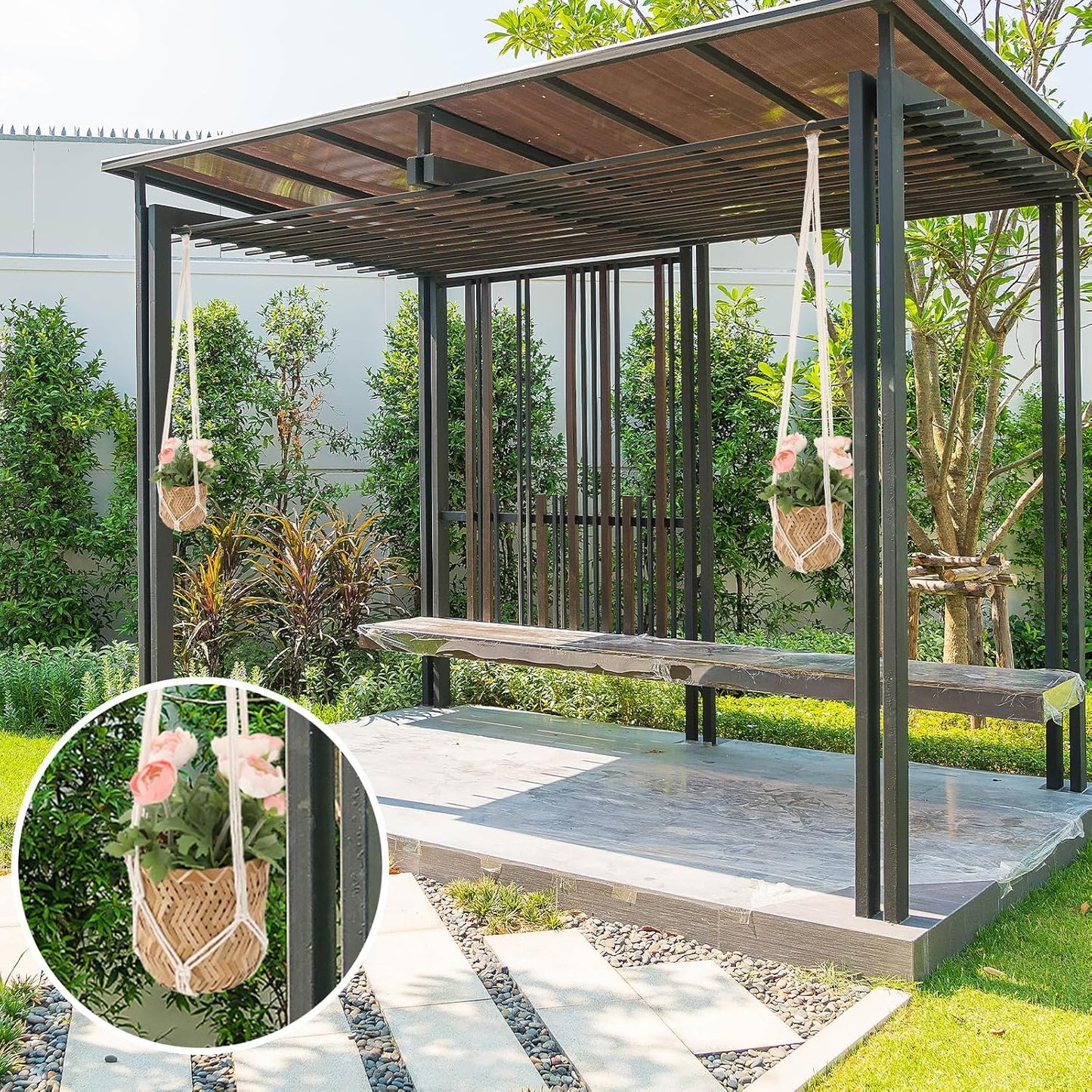 Macrame Plant Hanger, 2 Pack Boho Hanging Planters Baskets for Indoor Plants Decorative Braided Cotton Rope Flower Pot Holder with Metal Hook Rings for Outdoor Home Decor, No Tassels, Ivory, 34 Inchs