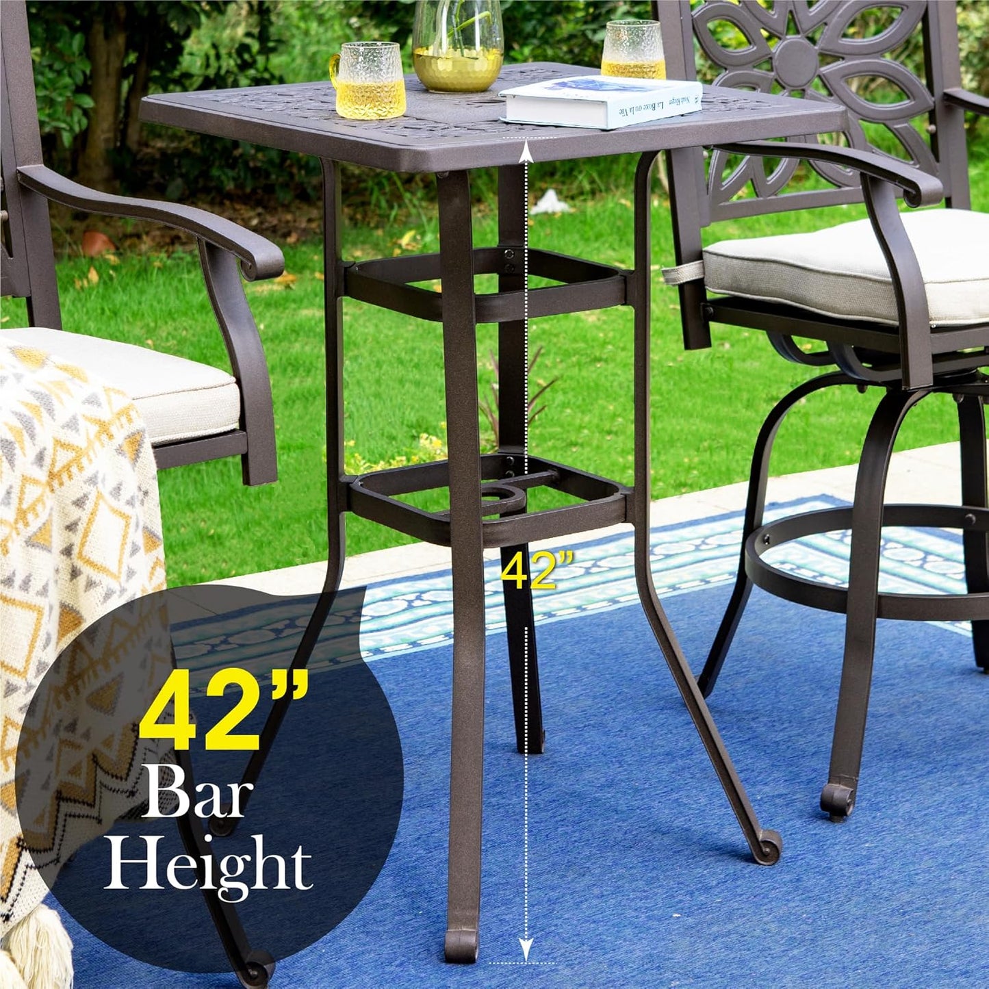 PHI VILLA Cast Aluminum Outdoor Patio Bar Tables, Outdoor Frosted Surface Square Bar Height Bistro Table - 42" Pub Height