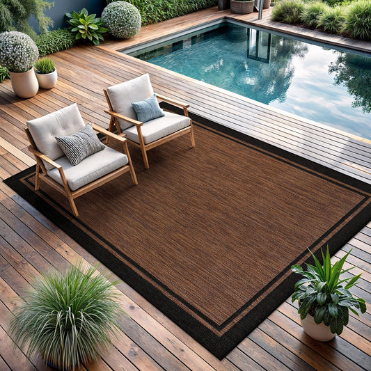 CAMILSON Indoor Outdoor Rug, 9x12 Bordered Nut Brown Black Modern Area Rugs for Indoor and Outdoor Patios, Kitchen and Hallway Mats, Washable Porch Deck Outside Carpet (Border Nut Brown Black, 9 x 12)