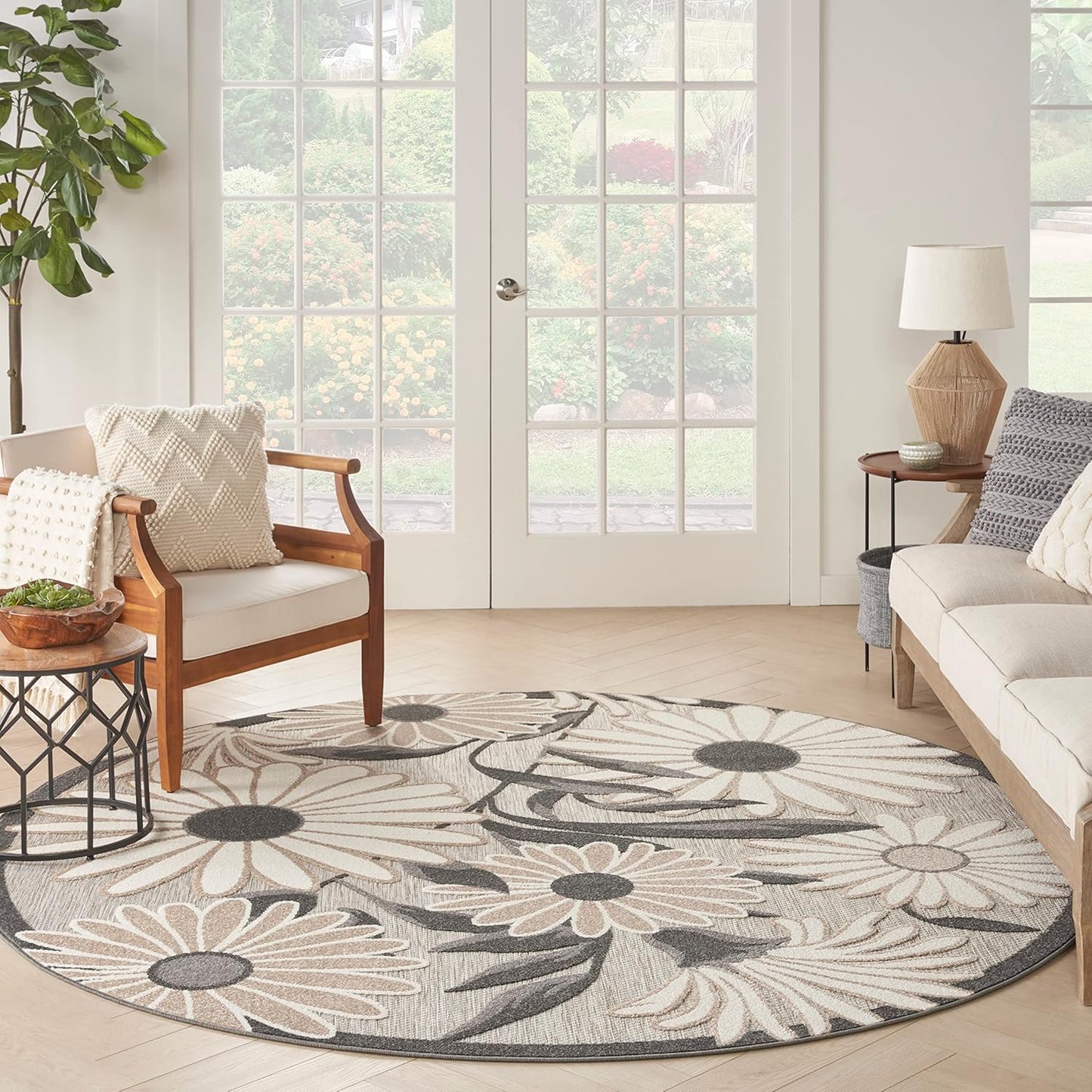 Nourison Home Aloha Indoor/Outdoor Beige 7’10” x Round Area Rug, Easy Cleaning, Non Shedding, Bed Room, Living Room, Dining Room, Backyard, Deck, Patio (8 Round)