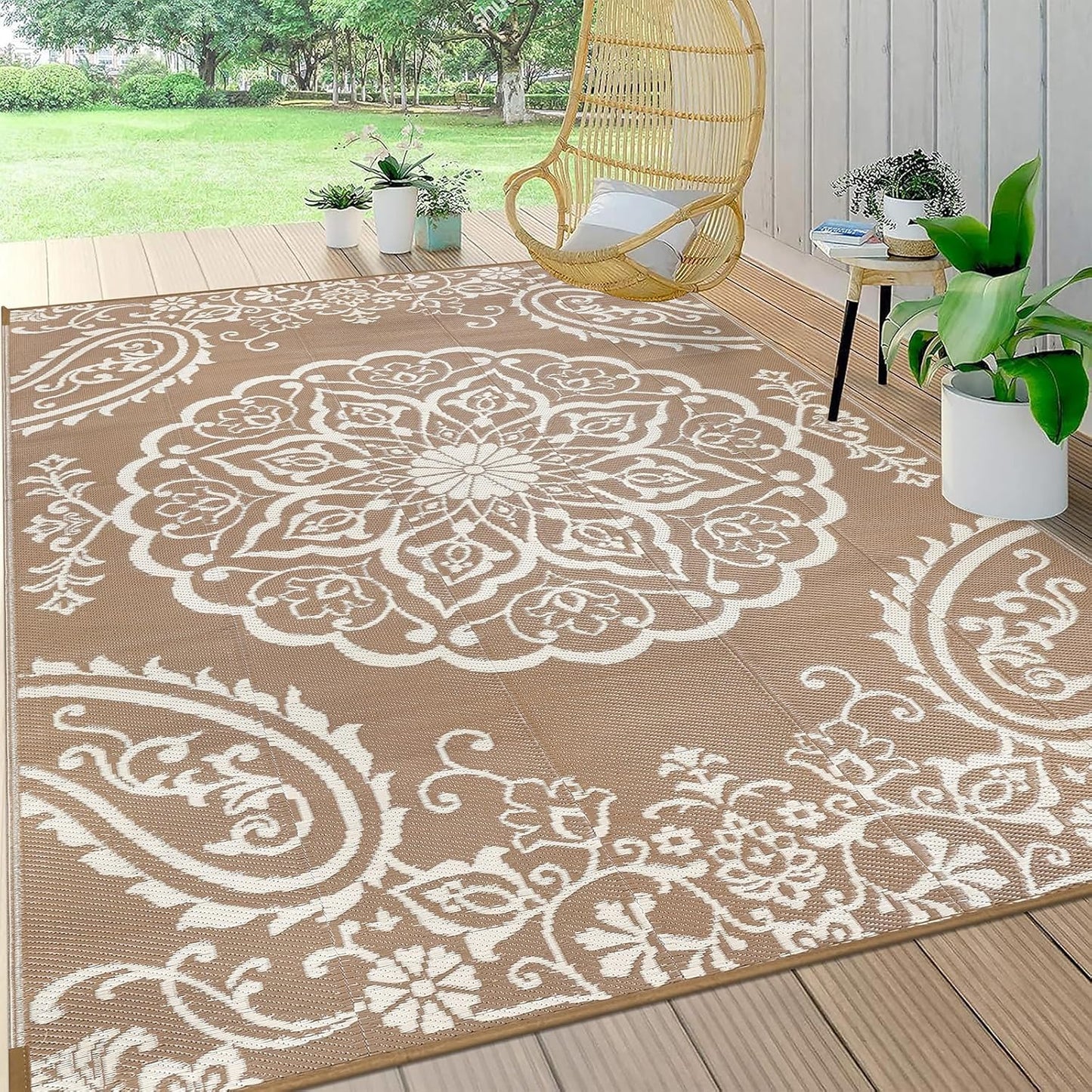 Pauwer Waterproof Outdoor Rug 6x9, Reversible Plastic Straw Patio Camping Rug, Indoor Outdoor RV Mat Carpet for Deck, Camper, Porch, Balcony, Backyard, Picnic, Boho Brown