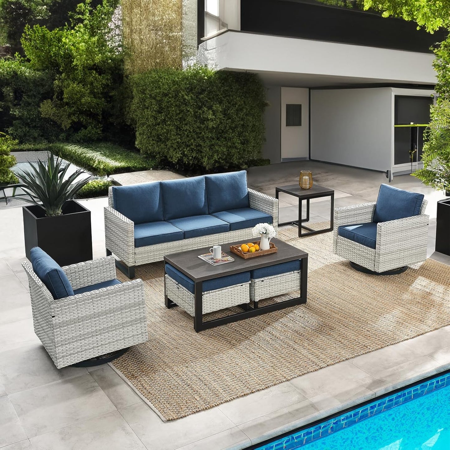 HUMMUH 7 Piece Patio Furniture Set Outdoor Sectional Sofa,High Back Patio Swivel Glider Chairs with Ottomans Coffee Table for Porch,Garden,Backyard…
