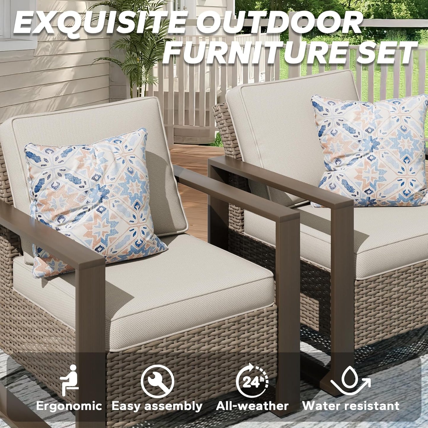 Outdoor Wicker Metal Chairs Set of 2 with Two Ottomans - 4 Pieces Patio Bistro Set with Rectangular Framed Wood-Looking Metal Armrest & Removable Cushions for Poolside, Terrace, Beige