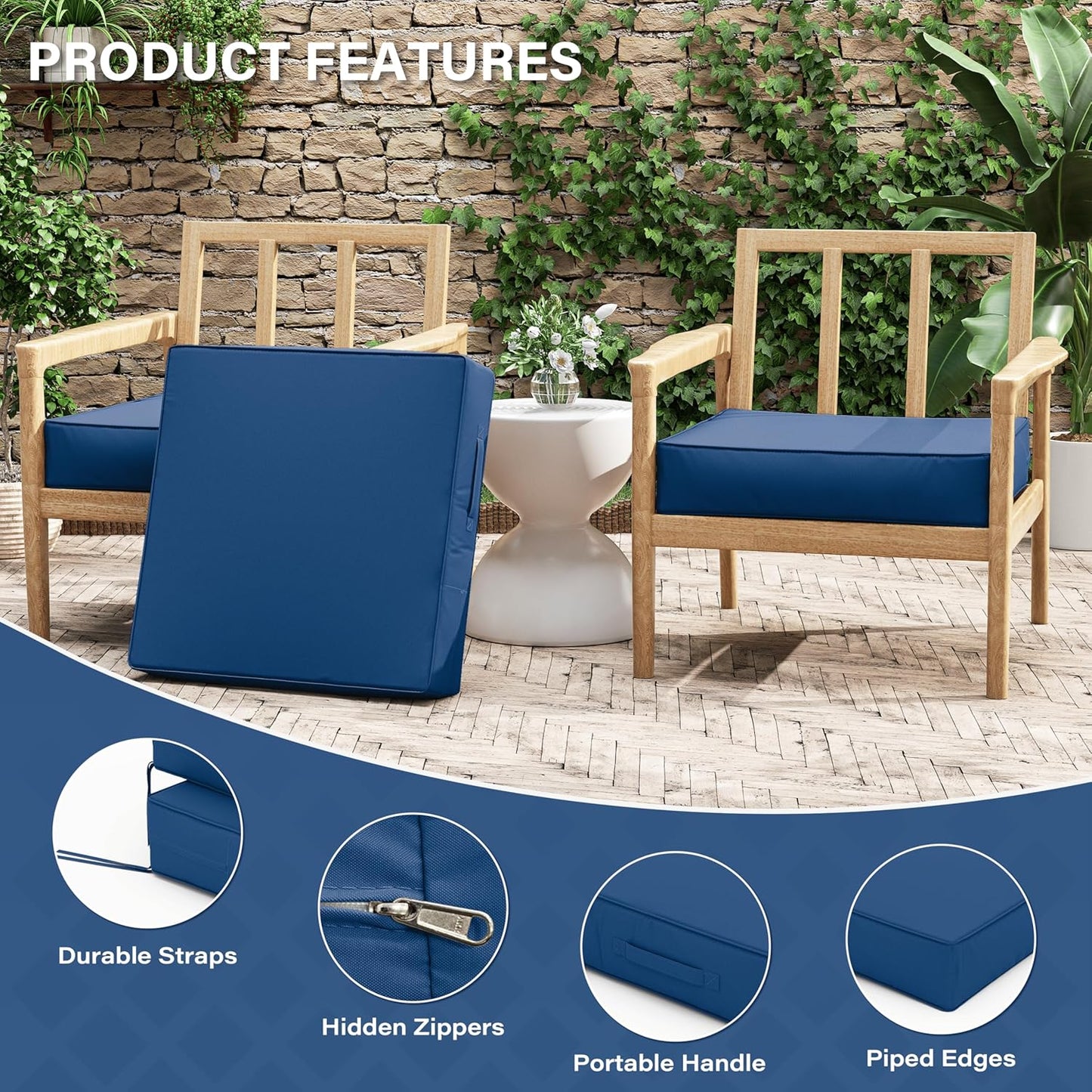 Patio Chair Cushions 24 X 24 X 5 Inch Waterproof Outdoor Seat Cushions for Patio Furniture, Outdoor Sofa Couch Pads with Ties & Handle, Set of 2, Blue