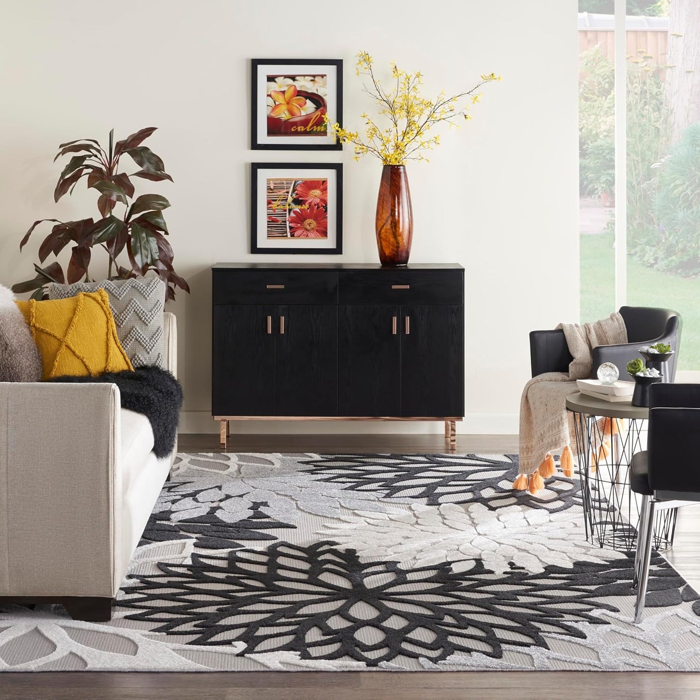 Nourison Aloha Indoor/Outdoor Black White 12' x 15' Area Rug, Tropical, Botanical, Easy Cleaning, Non Shedding, Bed Room, Living Room, Dining Room, Deck, Backyard, Patio (12x15)