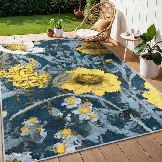 GENIMO Indoor Outdoor Area Rug 8' X 10' Waterproof, Washable Patio Rug Non Shedding, Easy Cleaning Floral Outdoor Carpet for Living Room, Bedroom, Dining Room, Balcony, Deck, RV, Backyard, Blue Yellow
