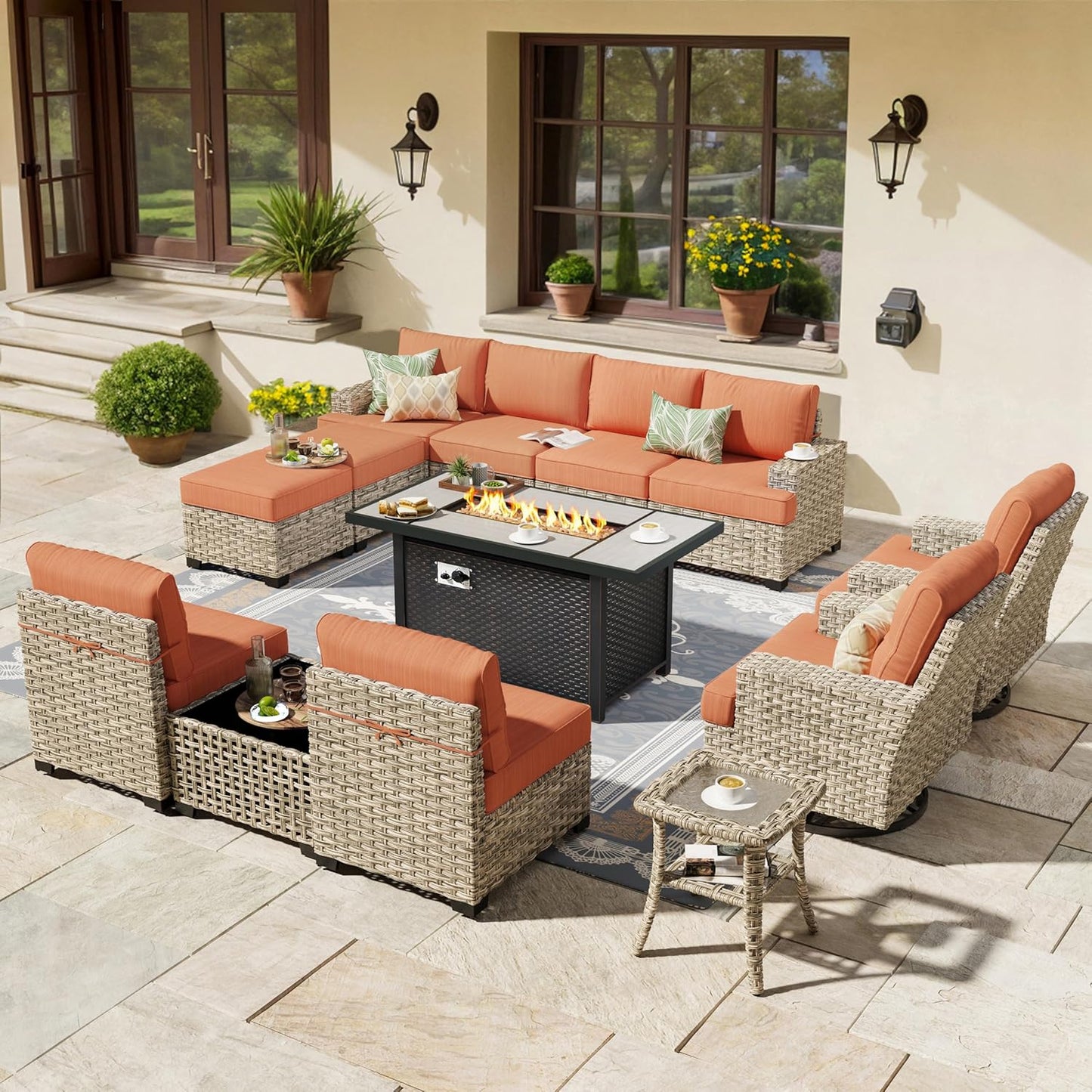 HOOOWOOO Outdoor Sectional Patio Furniture Set with Fire Pit Table,13 Pieces Wicker Conversation Sets L Shaped Couch,Extra Deep Out Door Sofa Outside Furniture with Swivel Chairs Ottomans,Brick Red