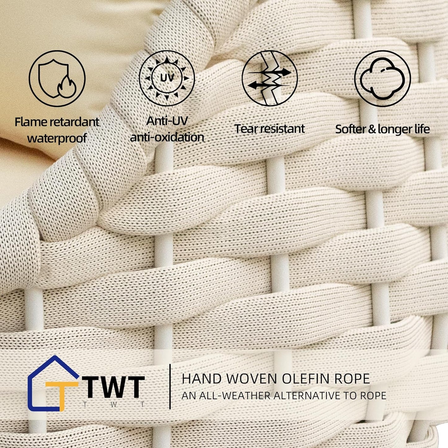 TWT Outdoor 4-Piece Conversation Set Rust Free Patio Furniture Set Already Assembled Compact-Weave Rope Olefin Modern Sofa Seating with Thick & Washable Cushions for Indoor, Backyard, Balcony, Cream