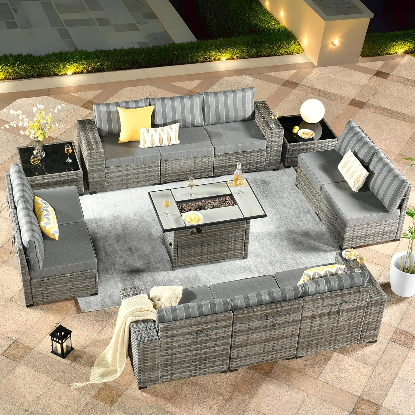 ovios 13 Pieces Patio Furniture Set, Outdoor Wicker Sectional Sofa with 42 Inch Fire Pit Table Comfy Cushions, Modern Modular Deep Seat Rattan Couch Conversation Set, Dark Gray Stripe