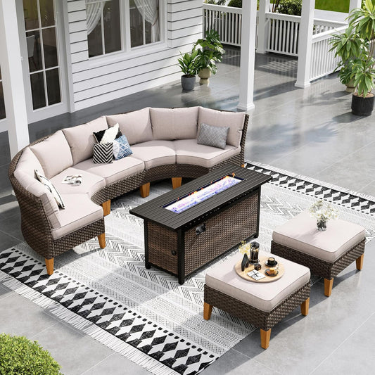 Sophia & William Patio Furniture Set with Fire Pit Table, 8 Piece Half Moon Outdoor Wicker Sectional Sofa Set, Rattan Conversation Set with 56-Inch Fire Pit Table & Ottoman (Beige)